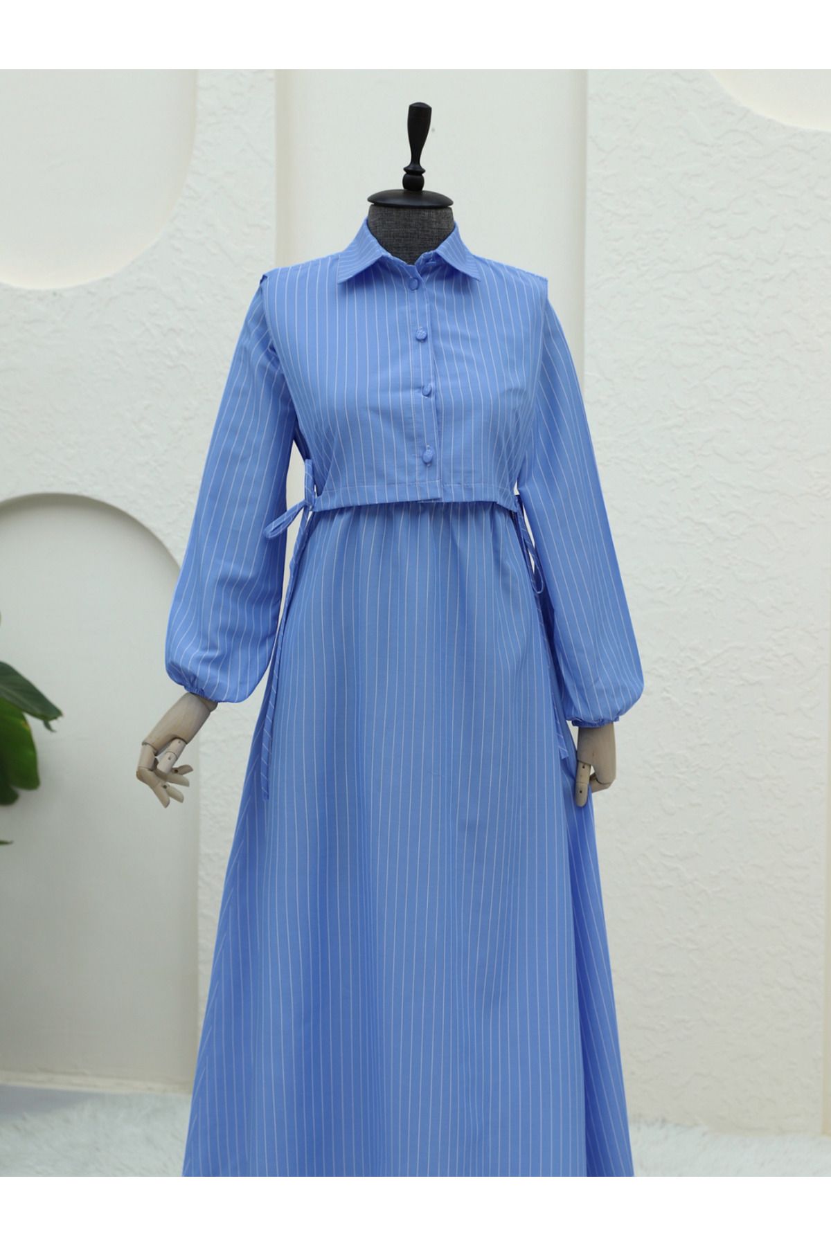 Modamorfo-Shirt Collar Bolero Detailed Striped Long Dress -Light Blue 1