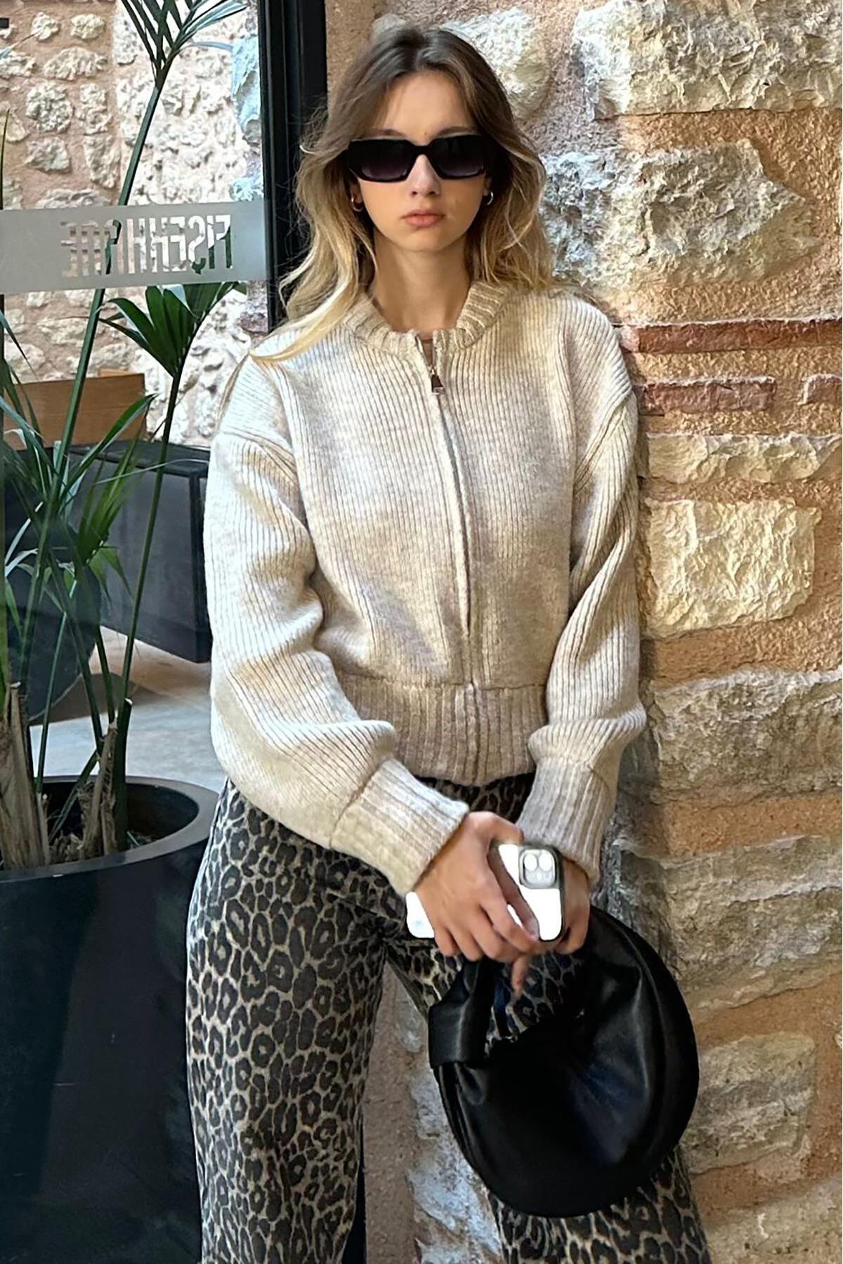 Madmext  Bej Fermuarlı Uzun Kollu Triko Hırka MG2061 - Görsel 5