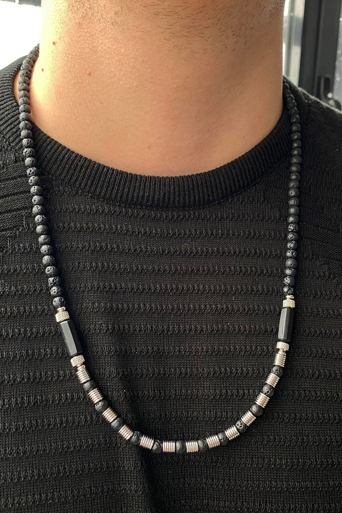 TAKIŞTIR-Black and Gray Color Bead Detailed Men's Necklace 1