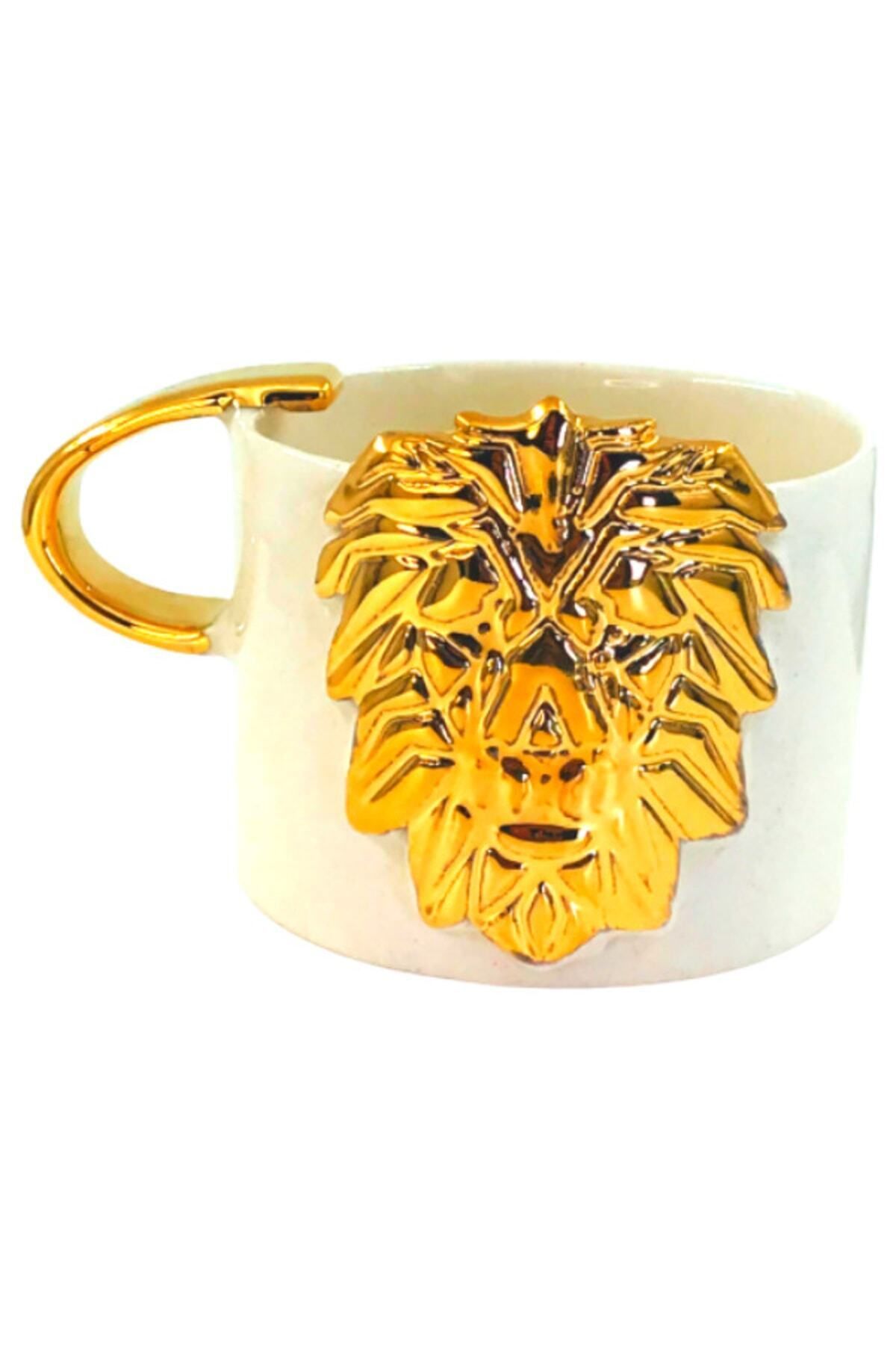 SeraSelin 24 Ayar Altın Işlemeli, Aslan Kabartmalı, %100 El Yapımı Mug, 220 Ml