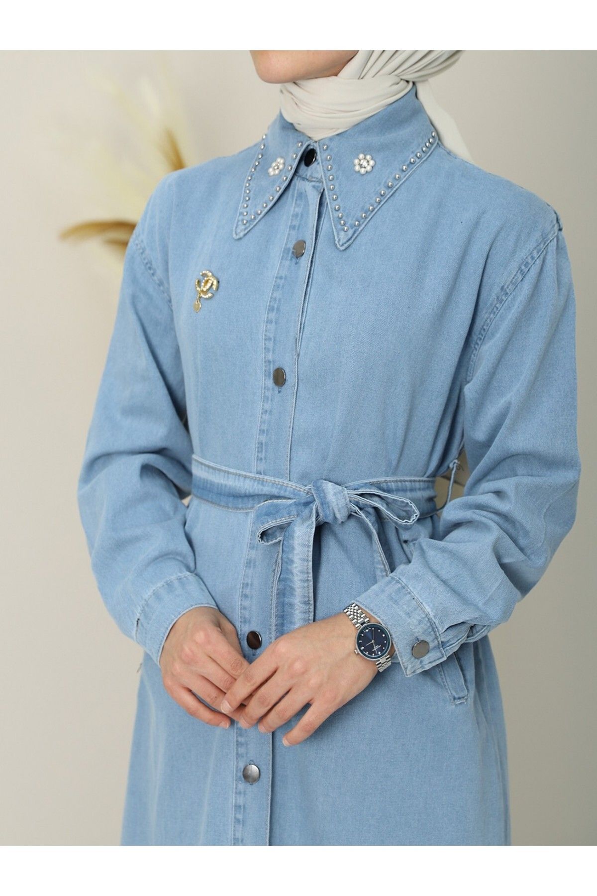 Modamorfo-Oversized Buttoned Denim Cap with Tassel and Brooch Detail on the Skirt - Light Blue 2