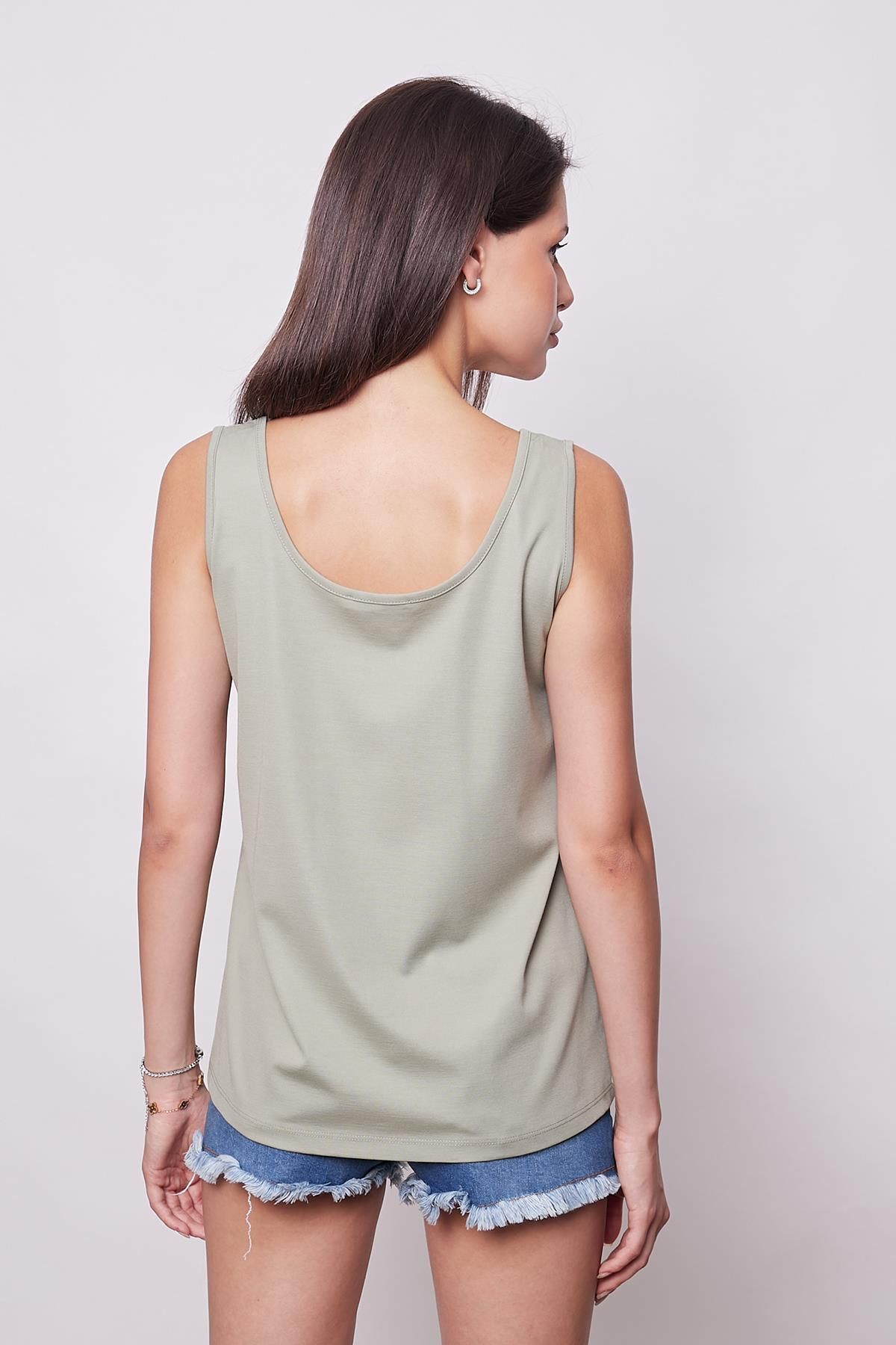 Jument-Light Khaki Lycra Span Fabric - Front and Back Underwire Collar, Thick Straps Basen Length Blouse 7