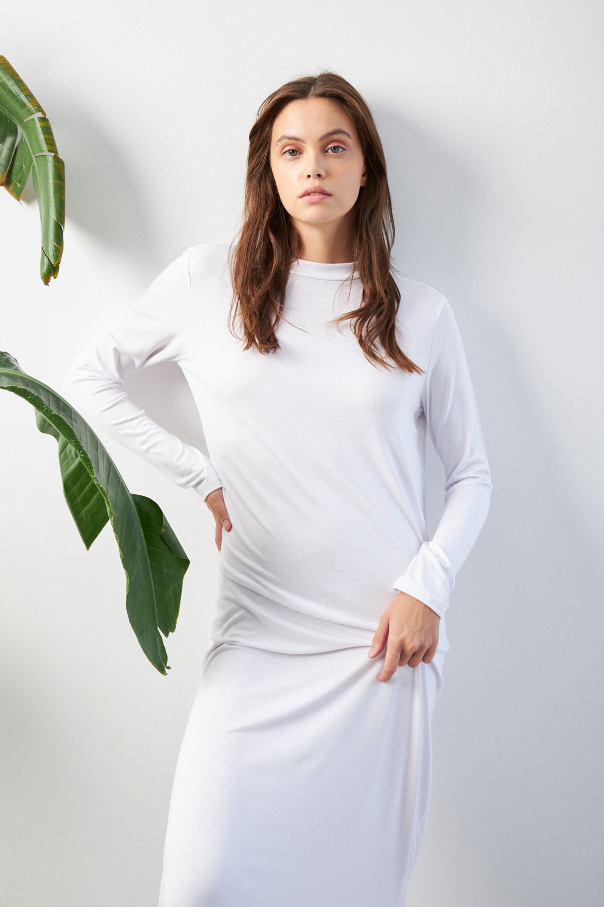 Bipantolon-Women's White Half Turtleneck Cotton Long Sleeve Long Basic Dress 3