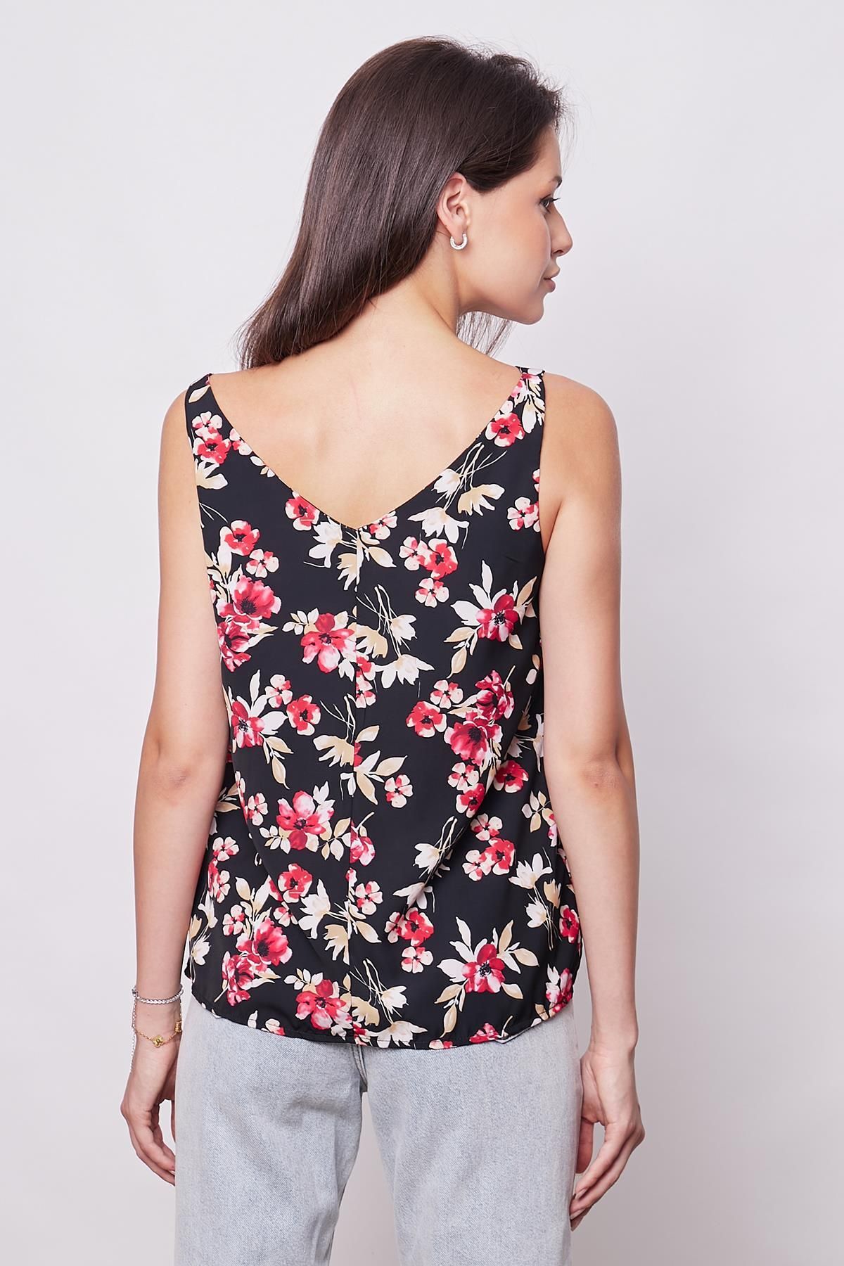 Jument-Black Floral Patterned V-Neck Sleeveless Jacket and Blouse - Stylish Fabric 7