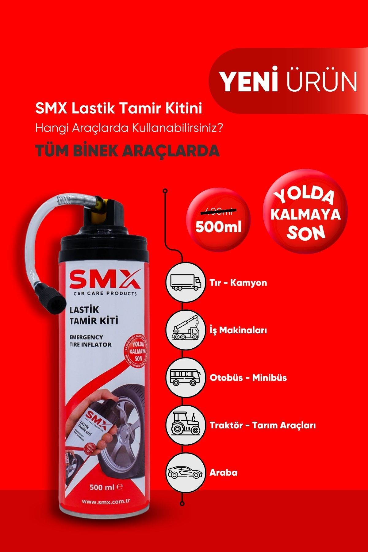 SMX Lastik Tamir Kiti (500ml) Lastik Onarım Spreyi, Oto İlk Yardım