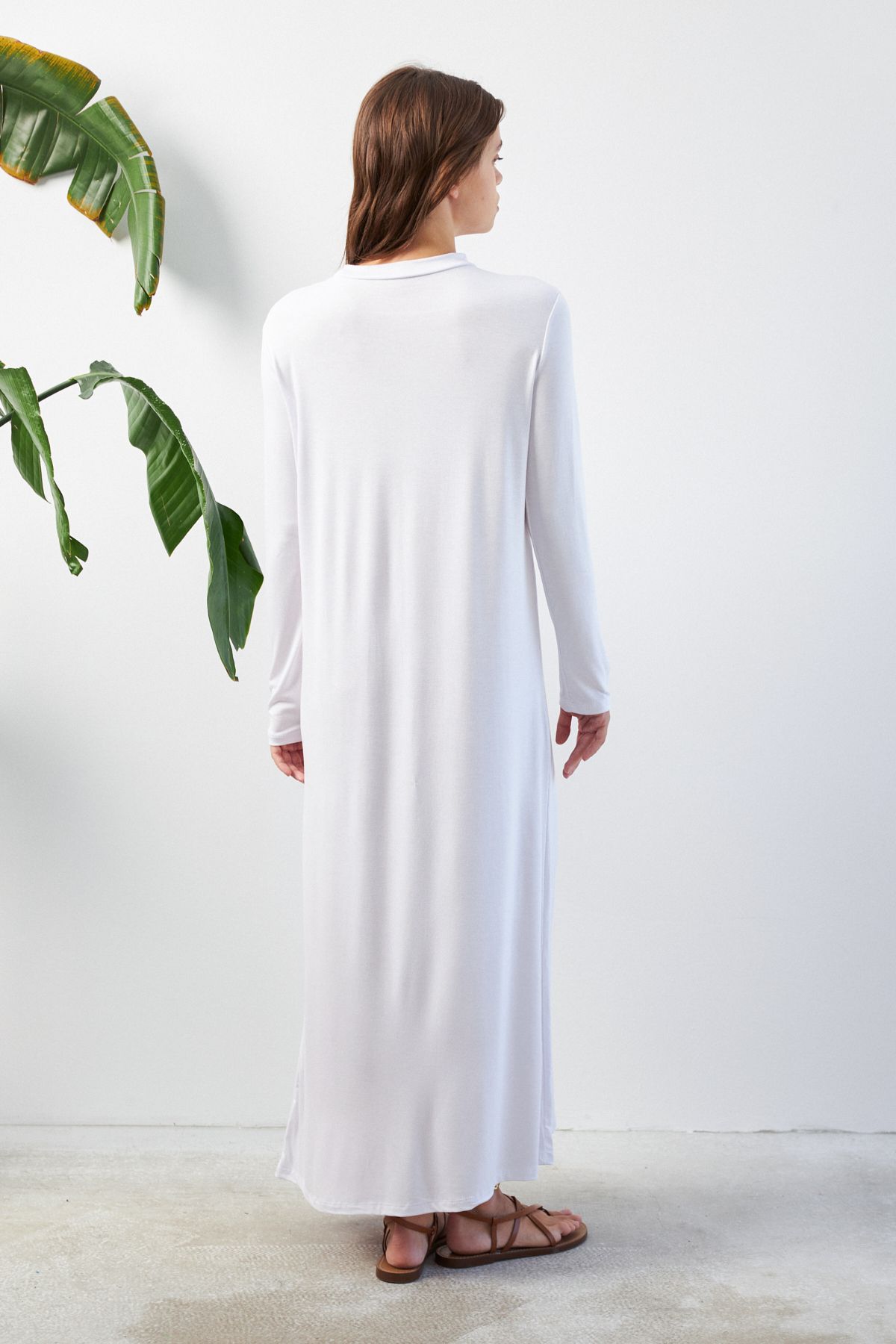 Bipantolon-Women's White Half Turtleneck Cotton Long Sleeve Long Basic Dress 4