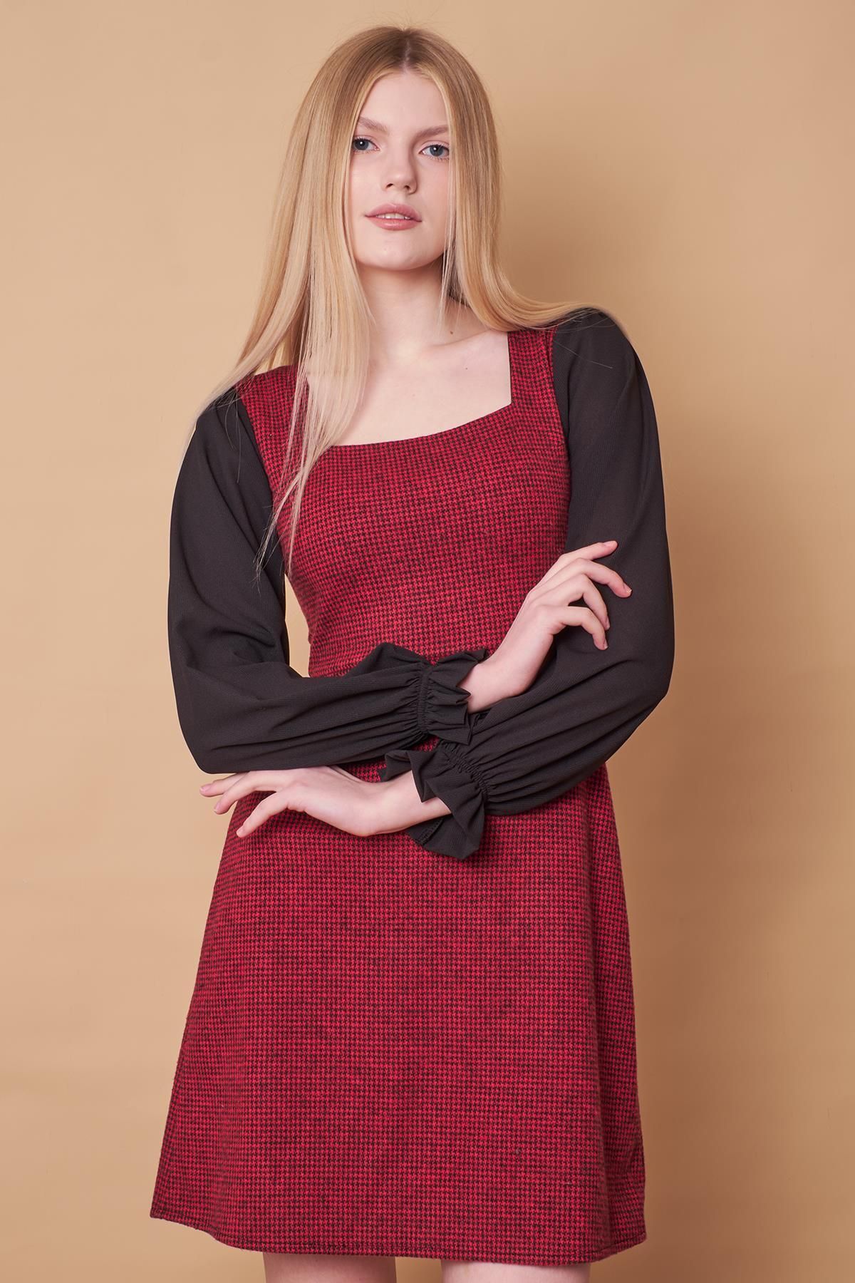 Jument-Women's Winter Wool Jacquard Fabric Chiffon Detailed Square Collar Skirt Bell Long Sleeve Dress-Burgundy Houndstooth 2