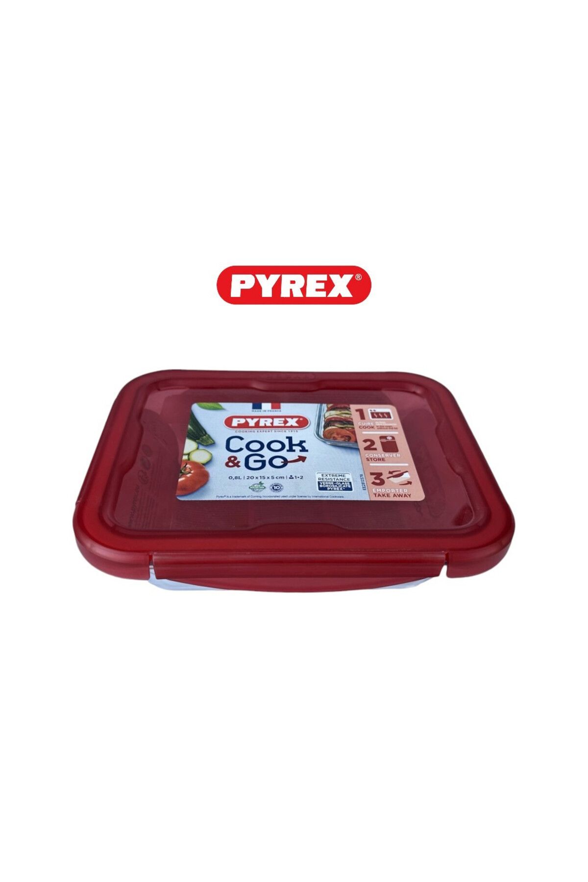 Pyrex-Cook&Go 0.8L Rectangle Storage Dish with Airtight Lid - RED 1