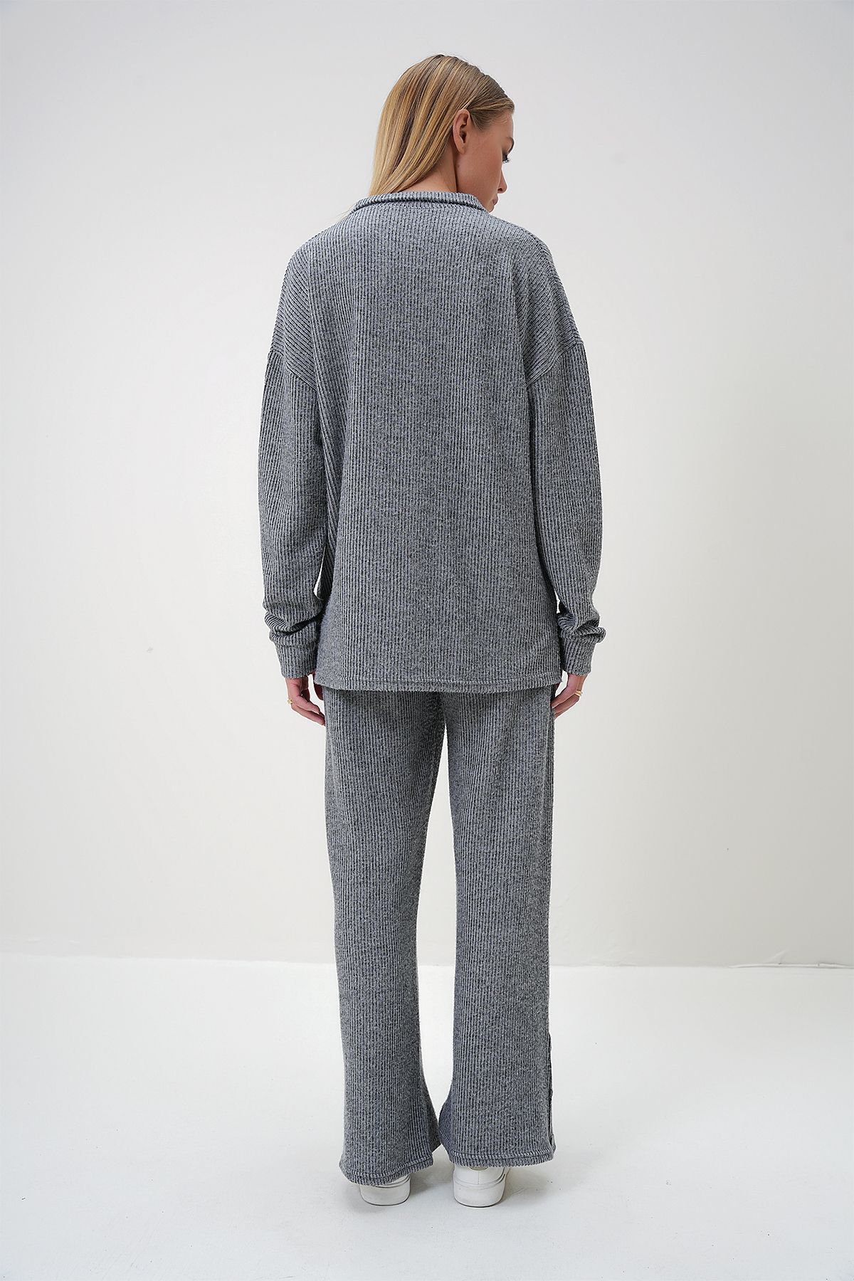 Trend Alaçatı Stili-Anthracite Soft Women's Set with Polo Collar and Snap Detail - Alc-X12918 6