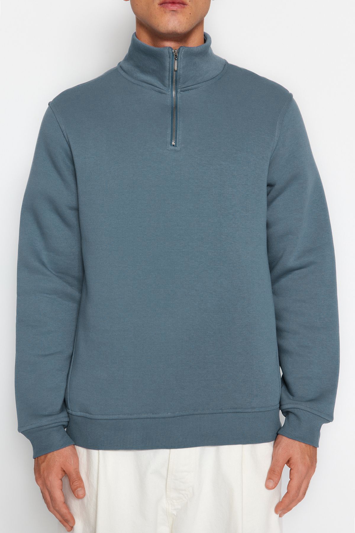 Trendyol Collection-Blaues Fleece-Baumwoll-Sweatshirt – Stehkragen, Reißverschluss TMNAW24SW00041 3