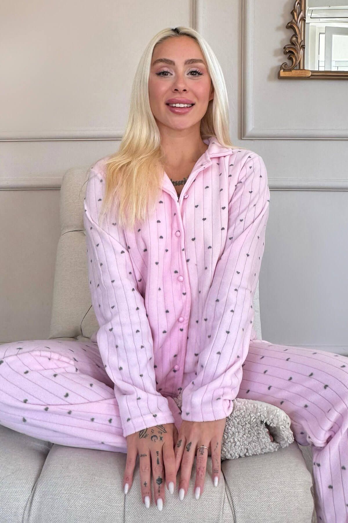 Pijamaevi-Light Pink Heart Patterned Front Buttoned Plush Fleece Pajama Set 2