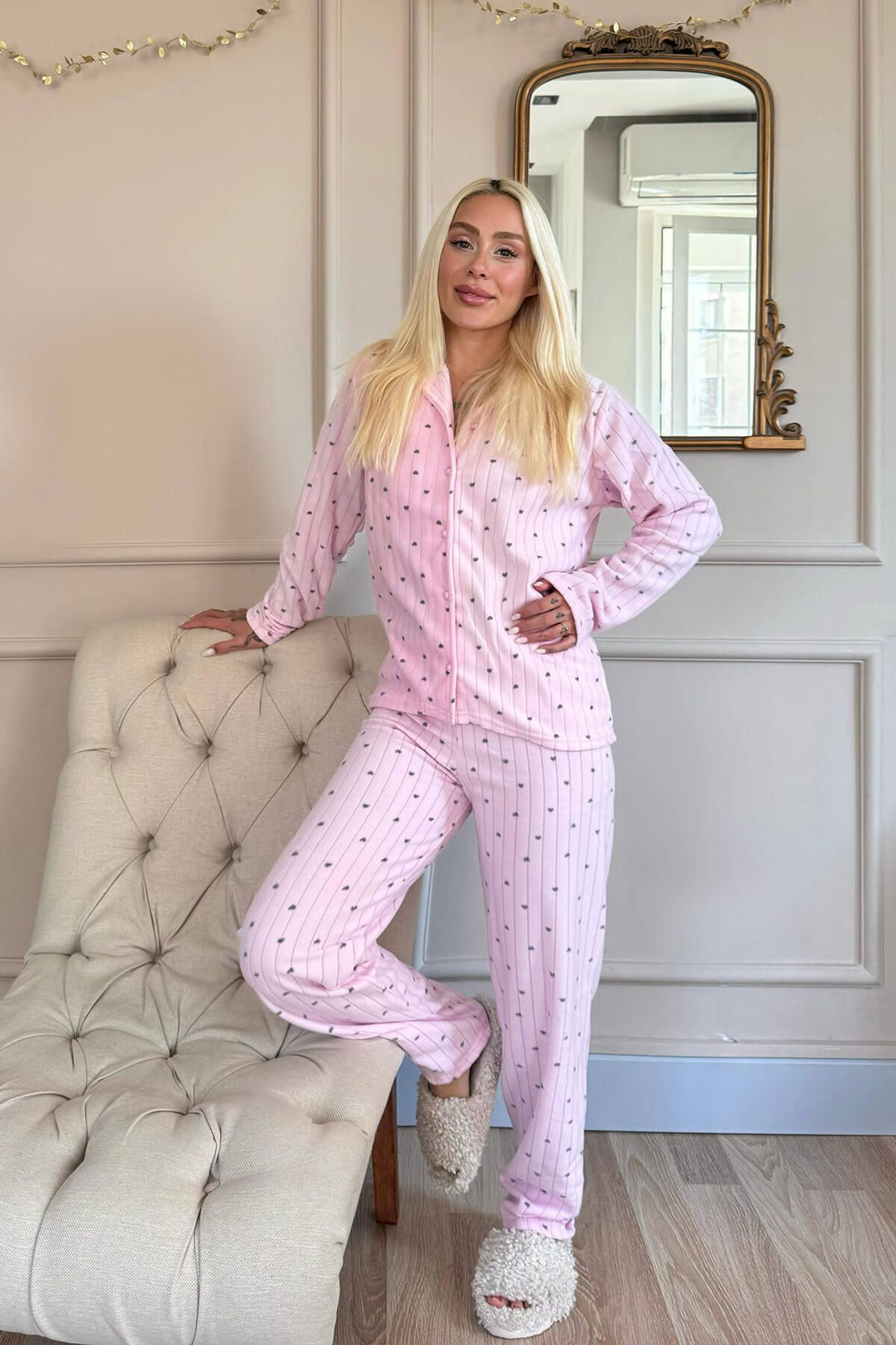 Pijamaevi-Light Pink Heart Patterned Front Buttoned Plush Fleece Pajama Set 6