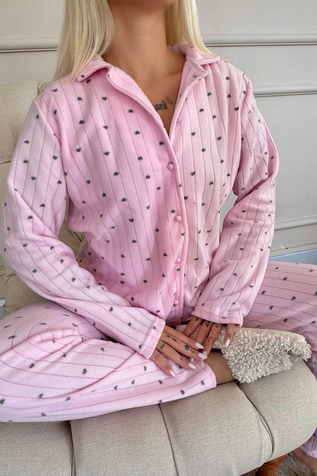 Pijamaevi-Light Pink Heart Patterned Front Buttoned Plush Fleece Pajama Set 5