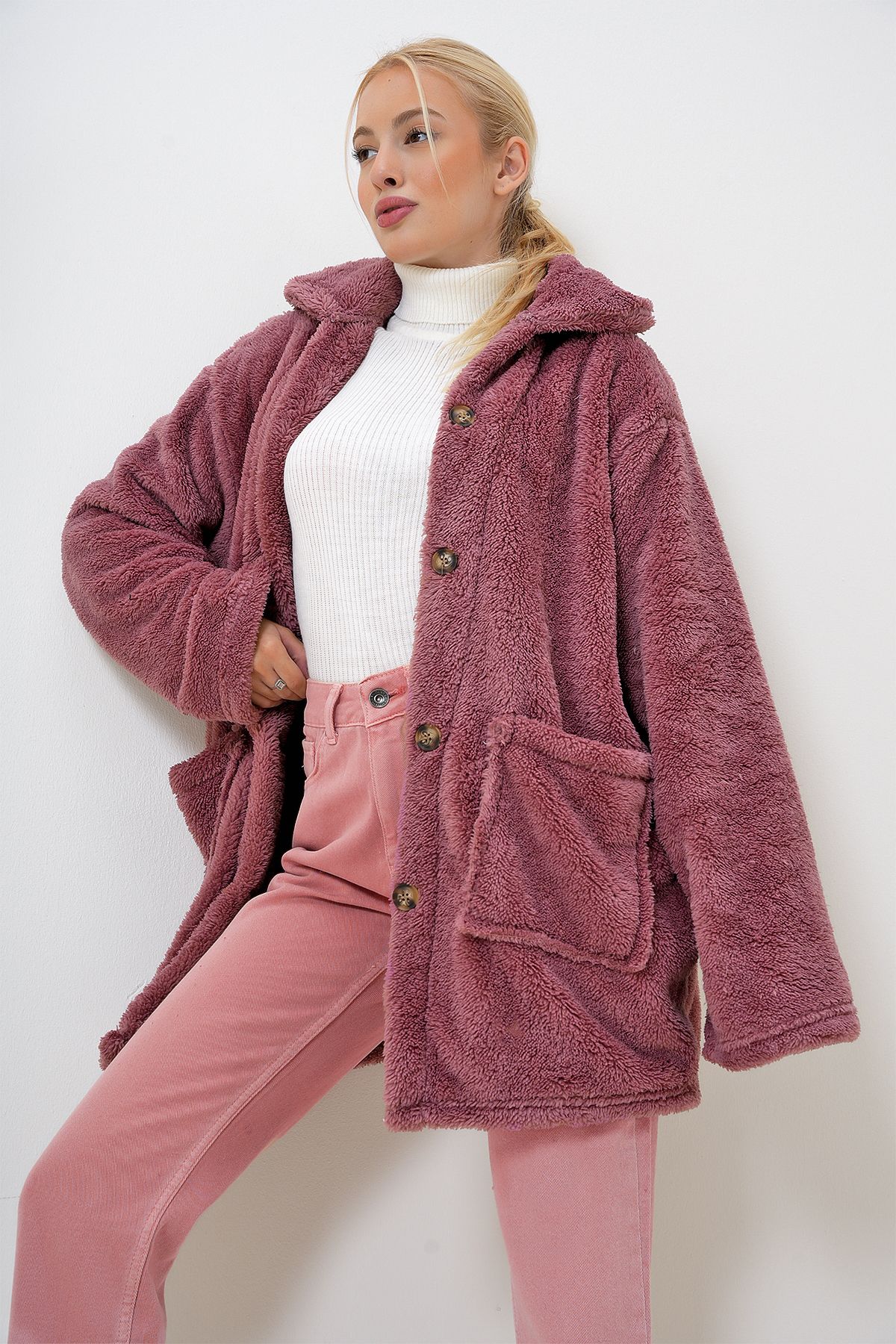 VAGGON-Dámska nadrozmerná plyšová bunda Dusty Rose s dvojitým vreckom na gombíky Prm1104 2