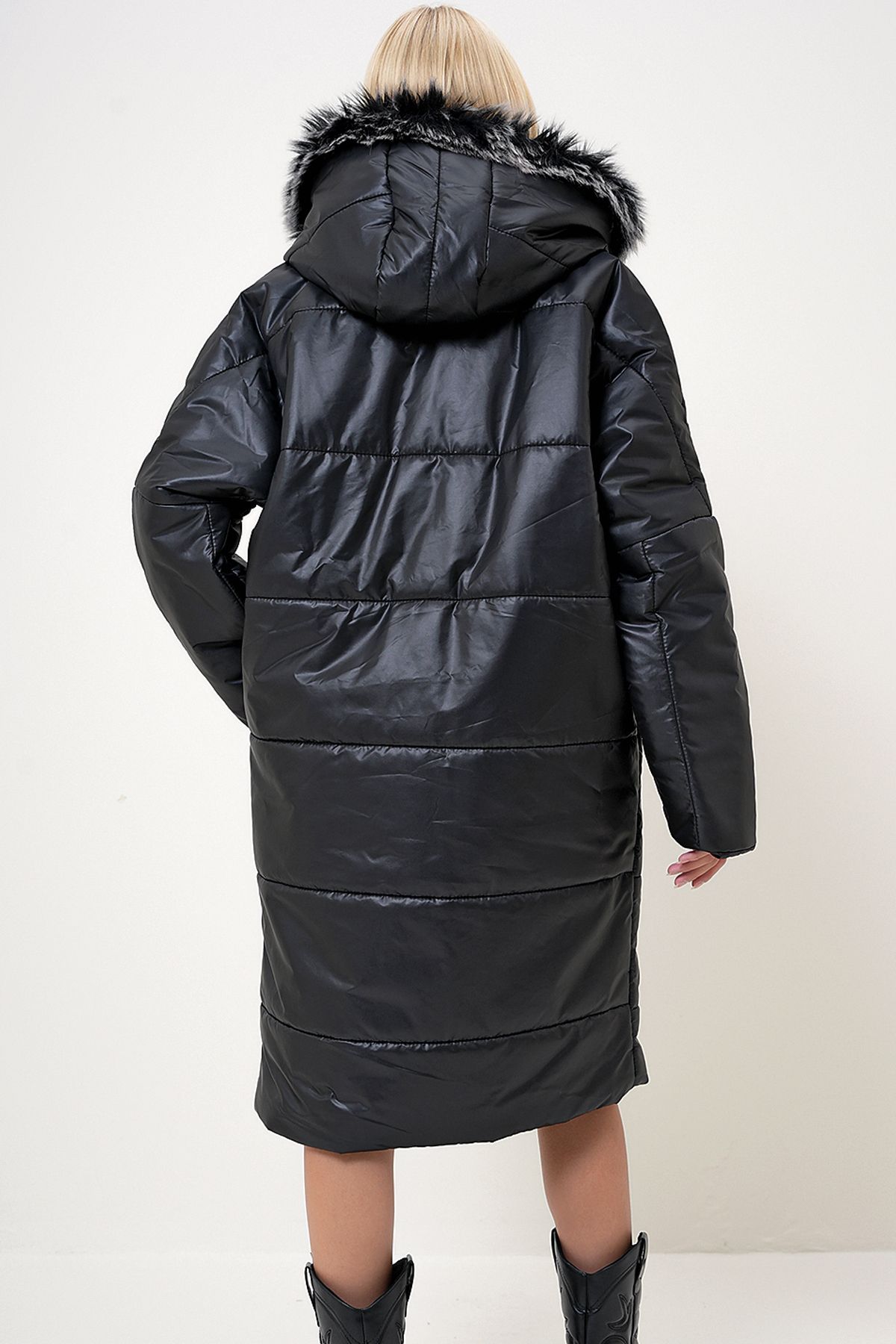 VAGGON-Schwarzer Pelz-Daunenmantel – Filet-Tasche, lang, Prm1109 5