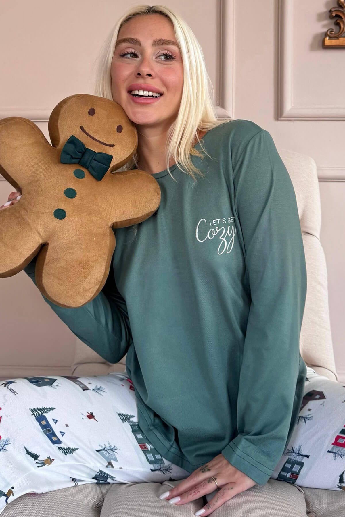 Pijamaevi-Green Cozy Patterned Thermal Women's Pajama Set 1