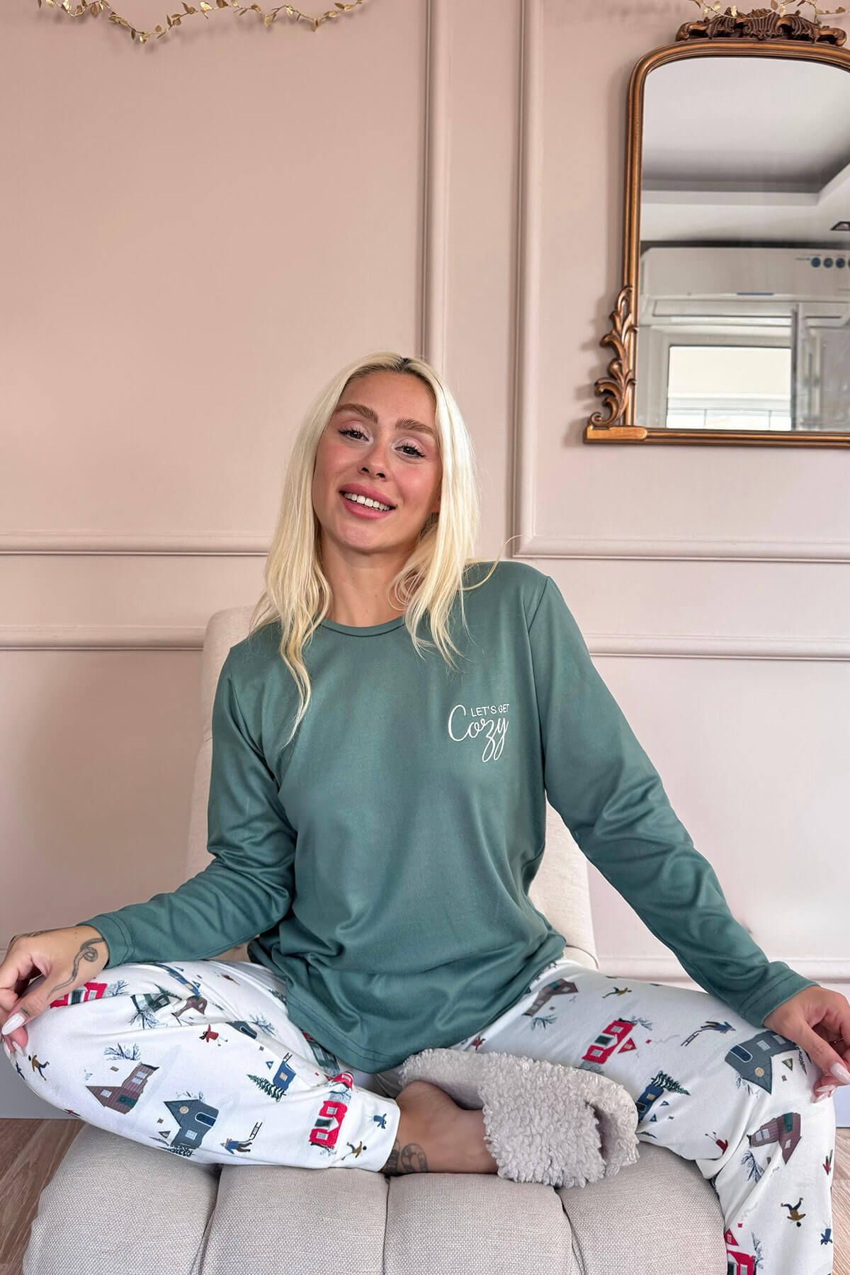 Pijamaevi-Green Cozy Patterned Thermal Women's Pajama Set 2
