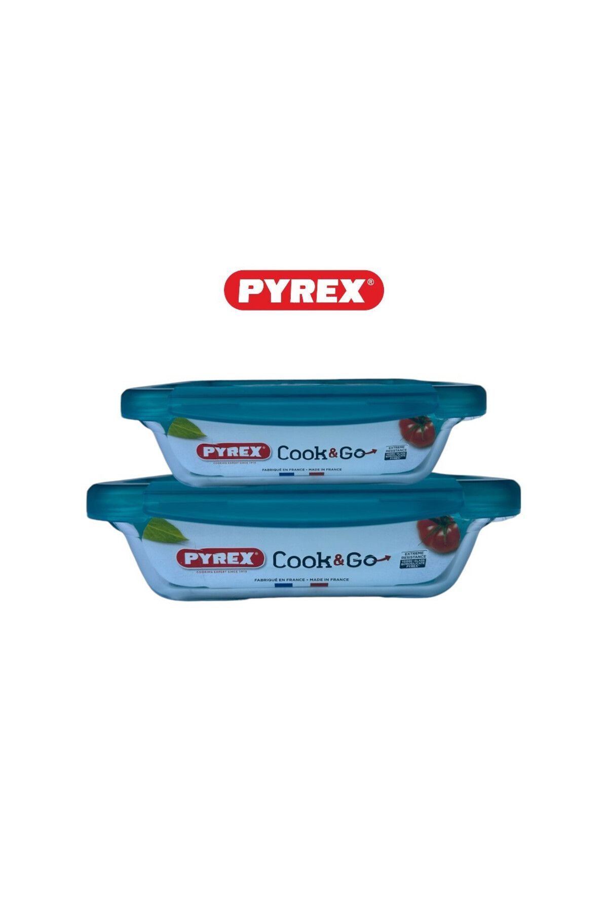 Pyrex-Cook&Go Storage Dish Set - 0.8L & 1.9L Rectangular Glass Containers with Airtight Green Lids 2