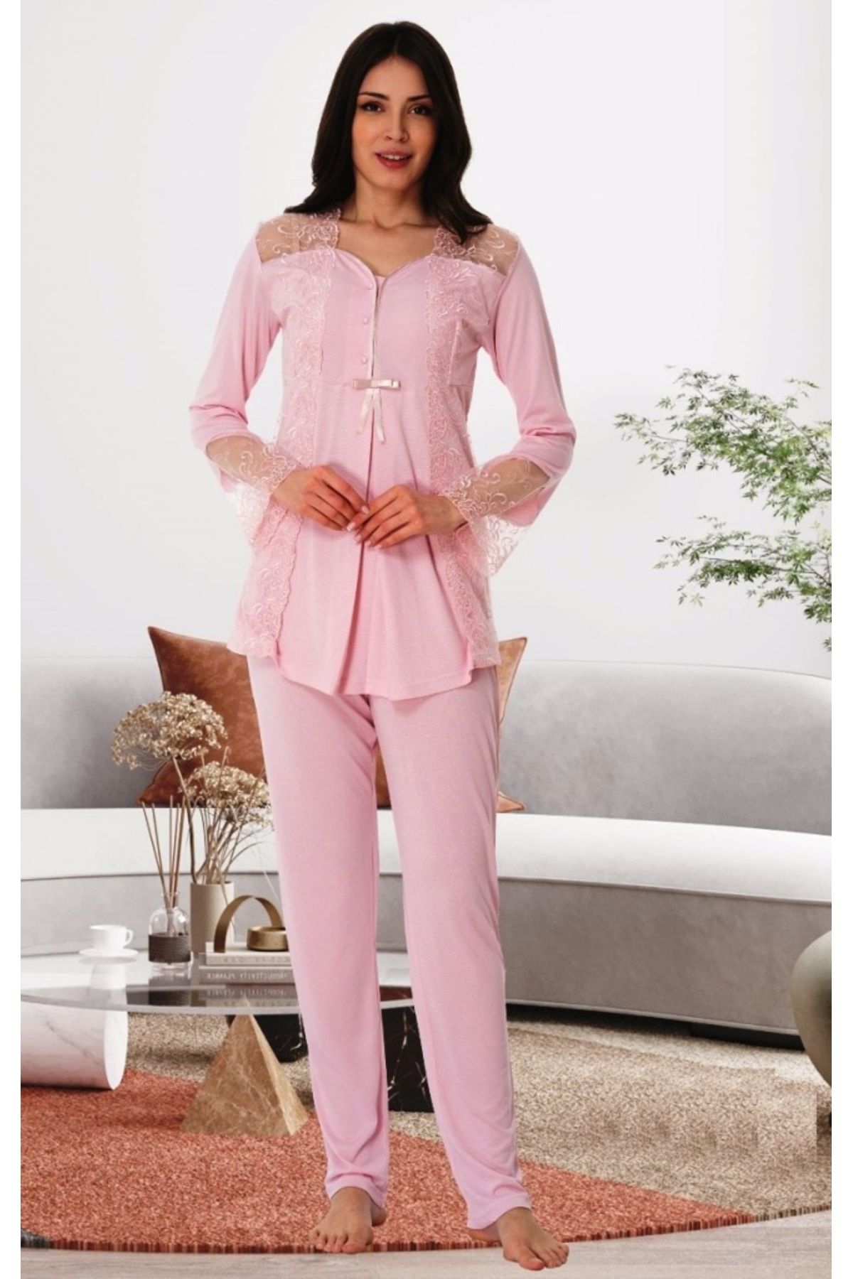 by İGP-Women's Maternity Pregnant Lace Detailed Long Sleeve Stylish Pajama Set 2