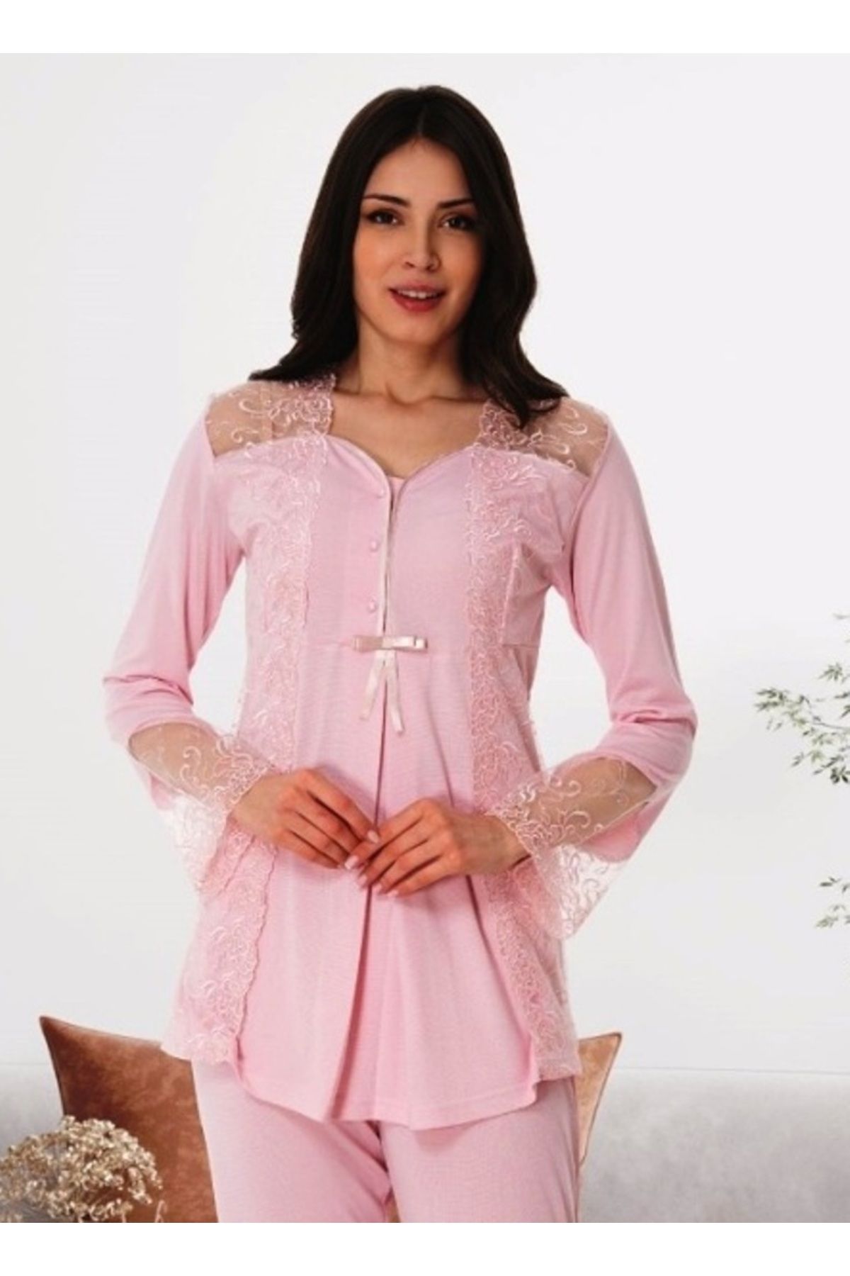 by İGP-Women's Maternity Pregnant Lace Detailed Long Sleeve Stylish Pajama Set 1