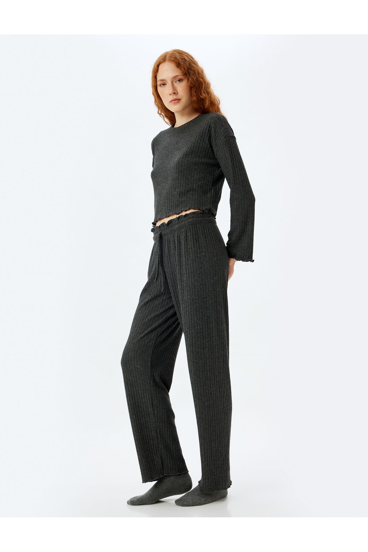 Koton-Soft Textured Knitted Pajama Bottom - Wide Leg and Elastic Waist Lacing 2