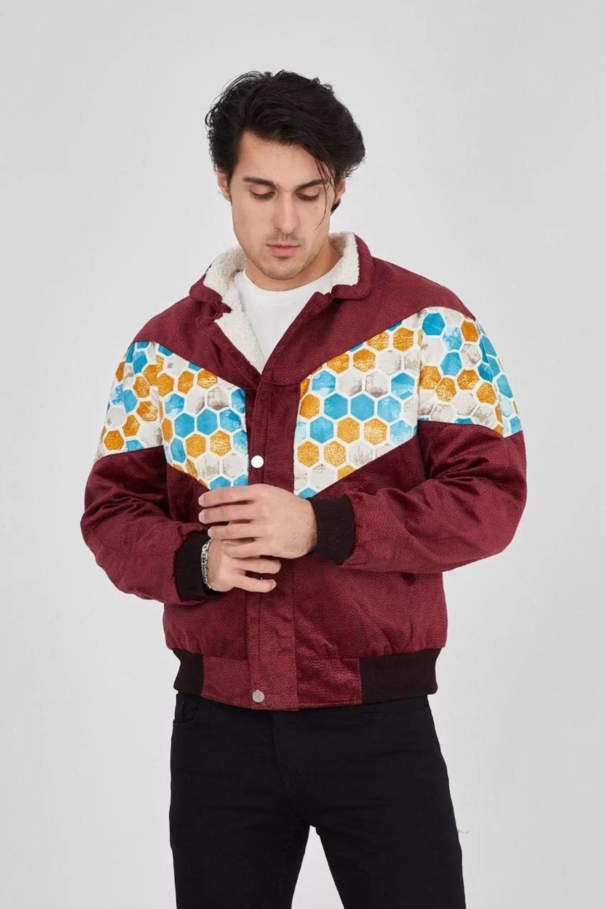 CVS Erkek İçi Astarlı İçten Yaka Kısmı Peluşlu Beyaz Şeritli Vintage Ceket - Mürdüm
