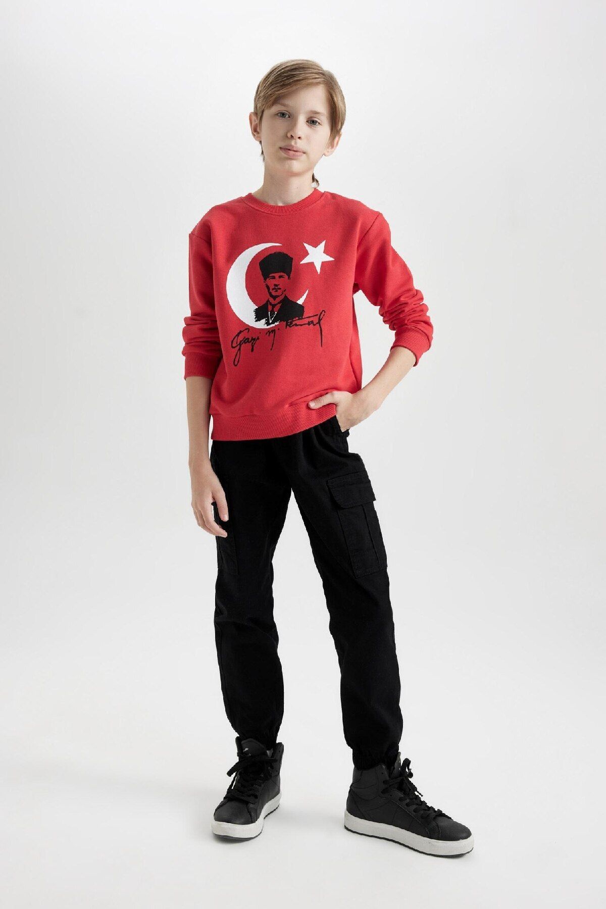 DeFacto-Boy's Crew Neck Ataturk Printed Red Sweatshirt D8199A824Wn 5