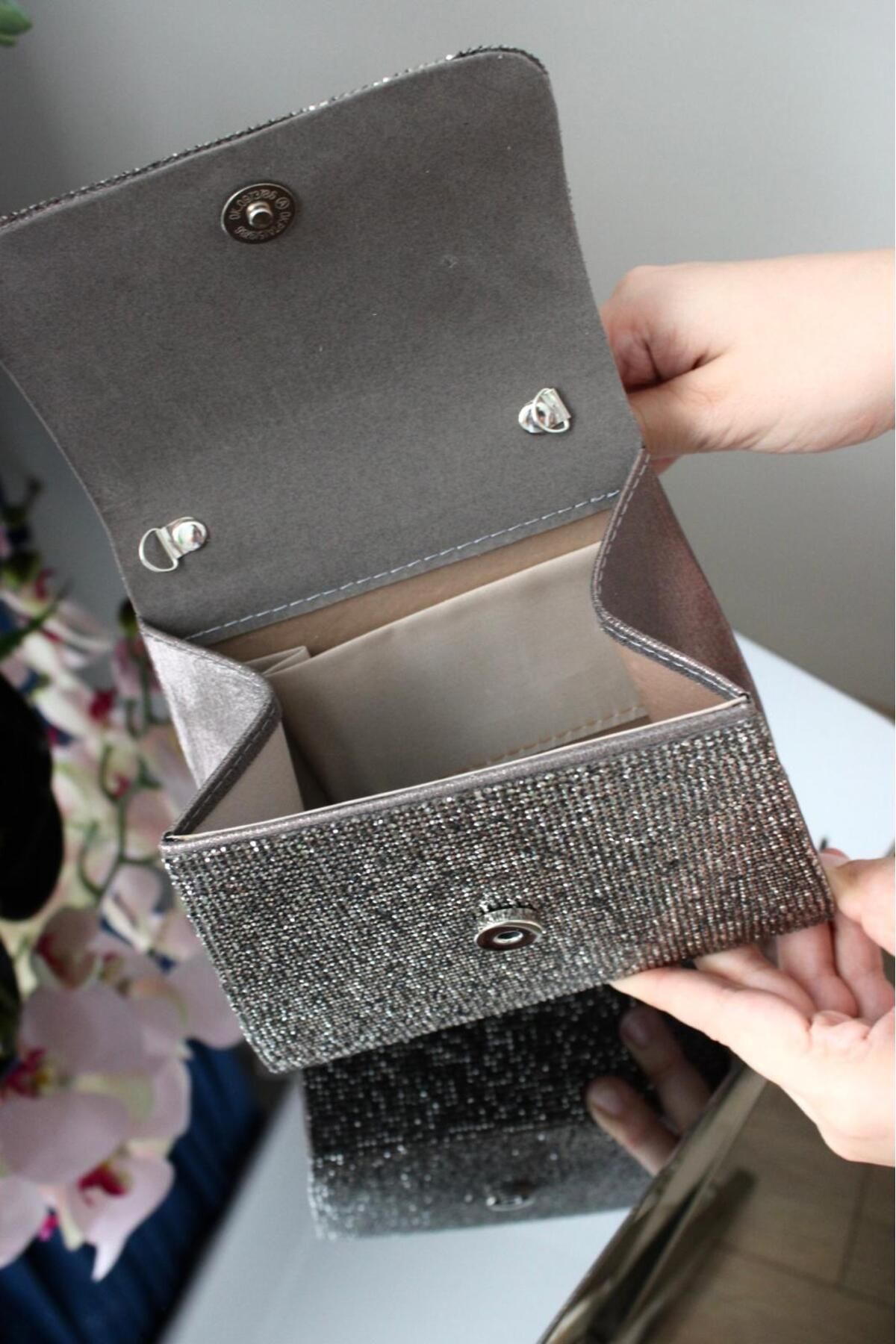 Molie-Women's Platinum Smoked Metal Handle with Stones - Stylish Wedding - Invitation Evening Bag 4