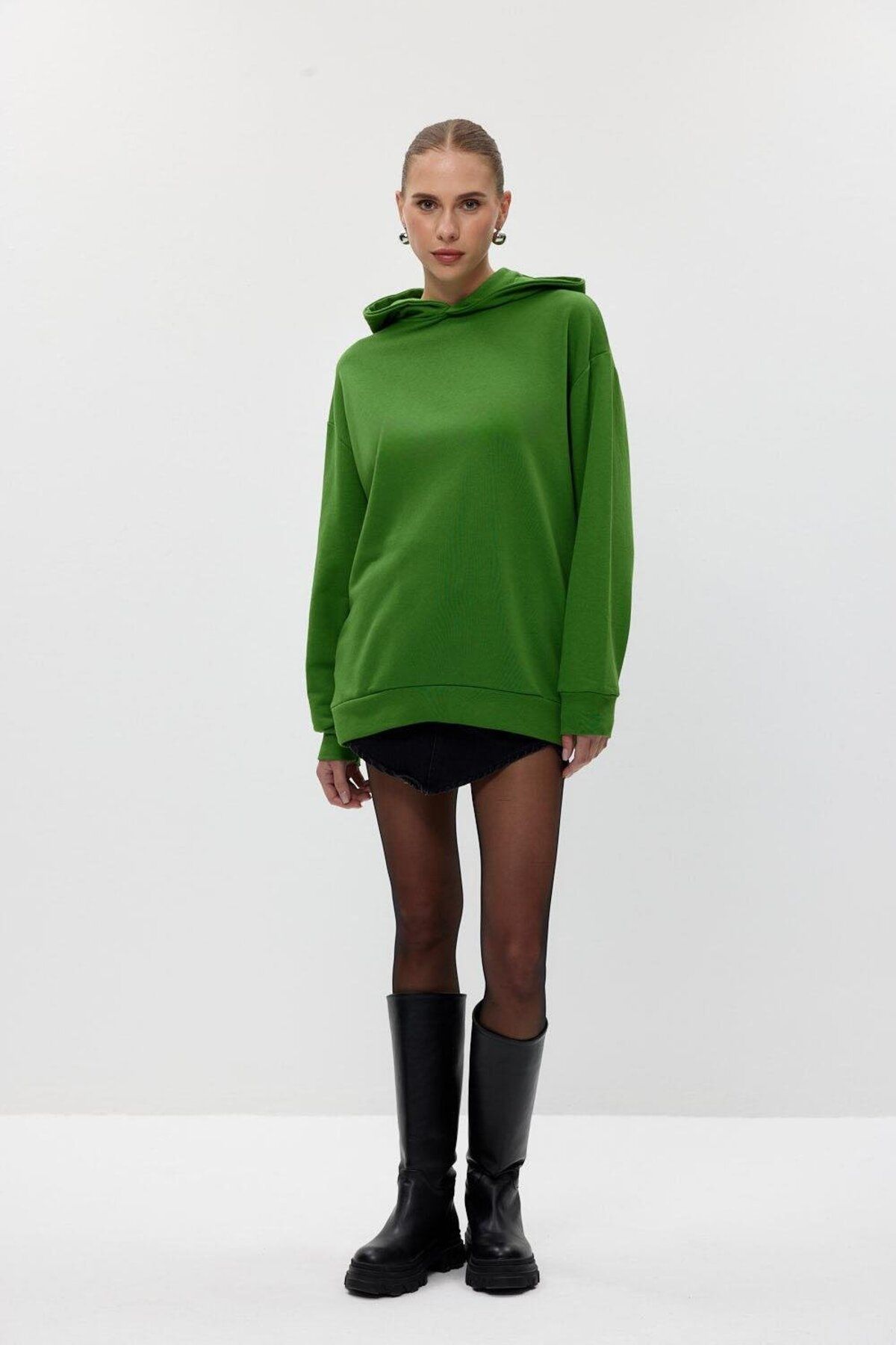 Tuba Butik-Basic Hooded Green Women's Sweatshirt 1