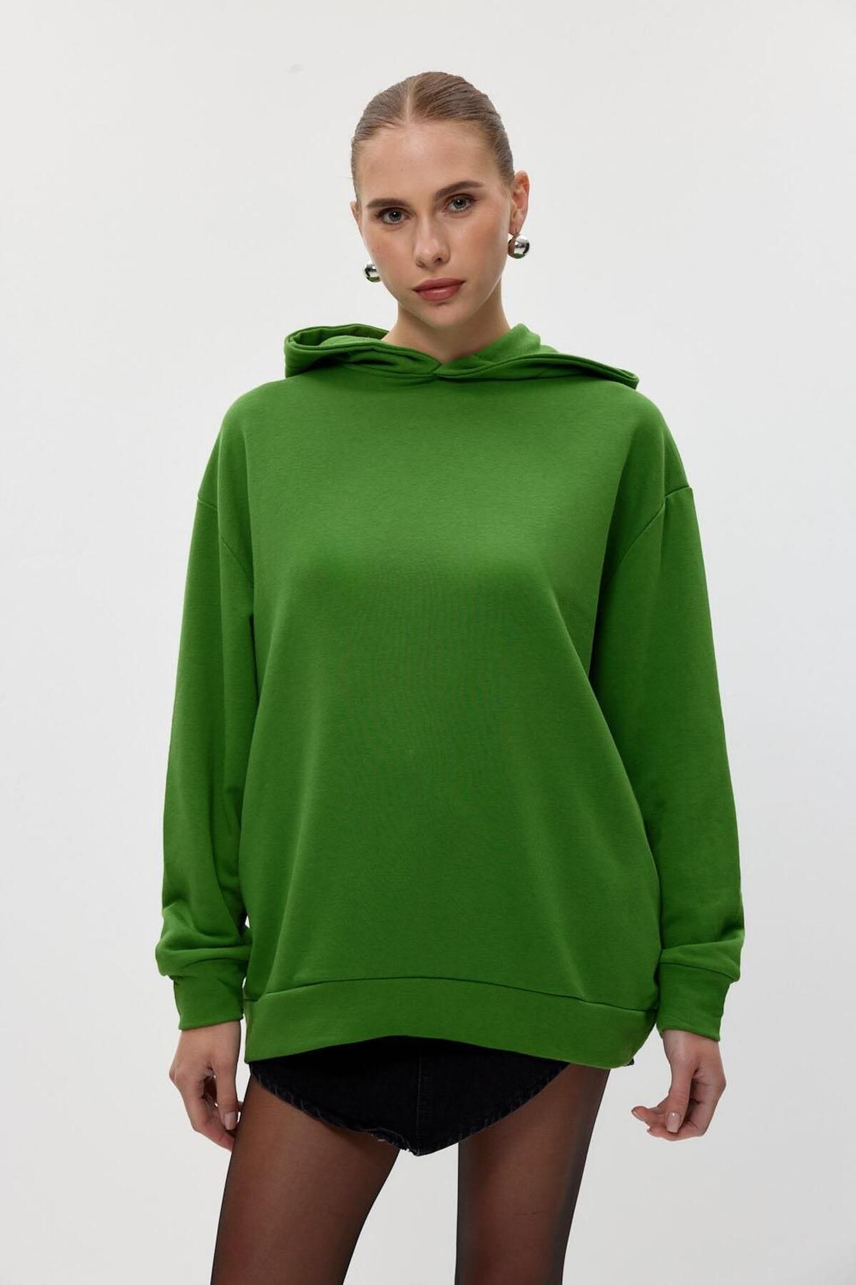 Tuba Butik-Basic Hooded Green Women's Sweatshirt 2