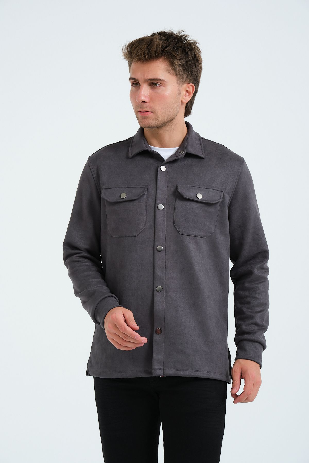 Rich-Cămașă din piele intoarsa pentru barbati gri Tricou Top Camasa groasa Jacheta afumata 6