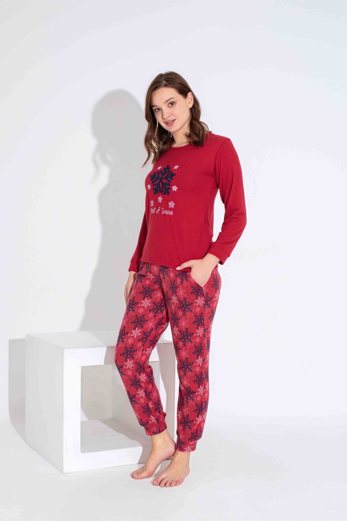 Tarık-Women's Red Snowflake Pattern Mother Girl Combination Thermal Winter Warm Soft Pajamas Set 5