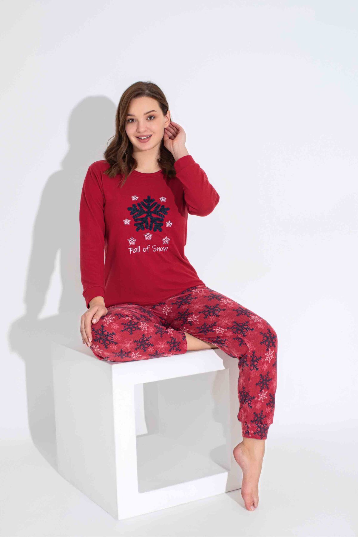 Tarık-Women's Red Snowflake Pattern Mother Girl Combination Thermal Winter Warm Soft Pajamas Set 2