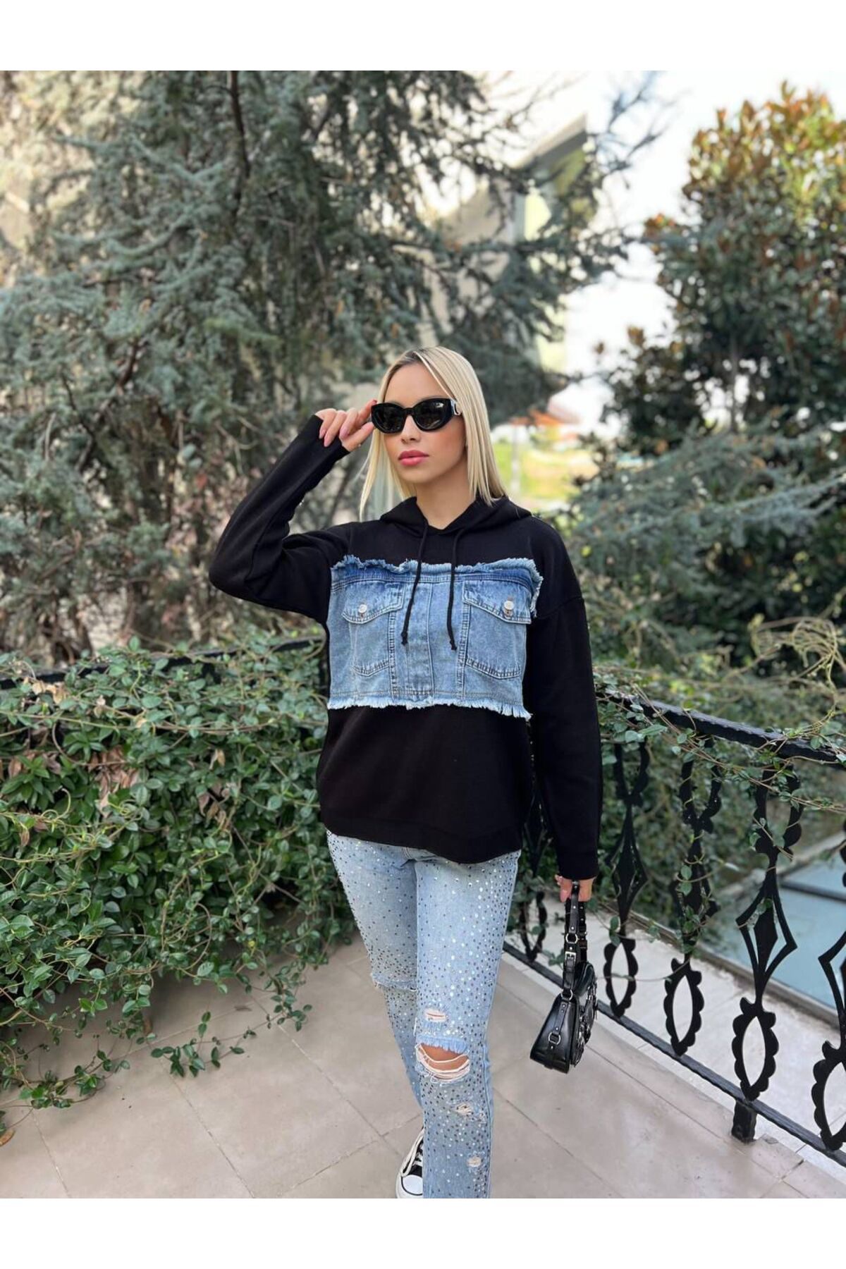 For Angels-Hooded Denim Knitwear Sweater 2