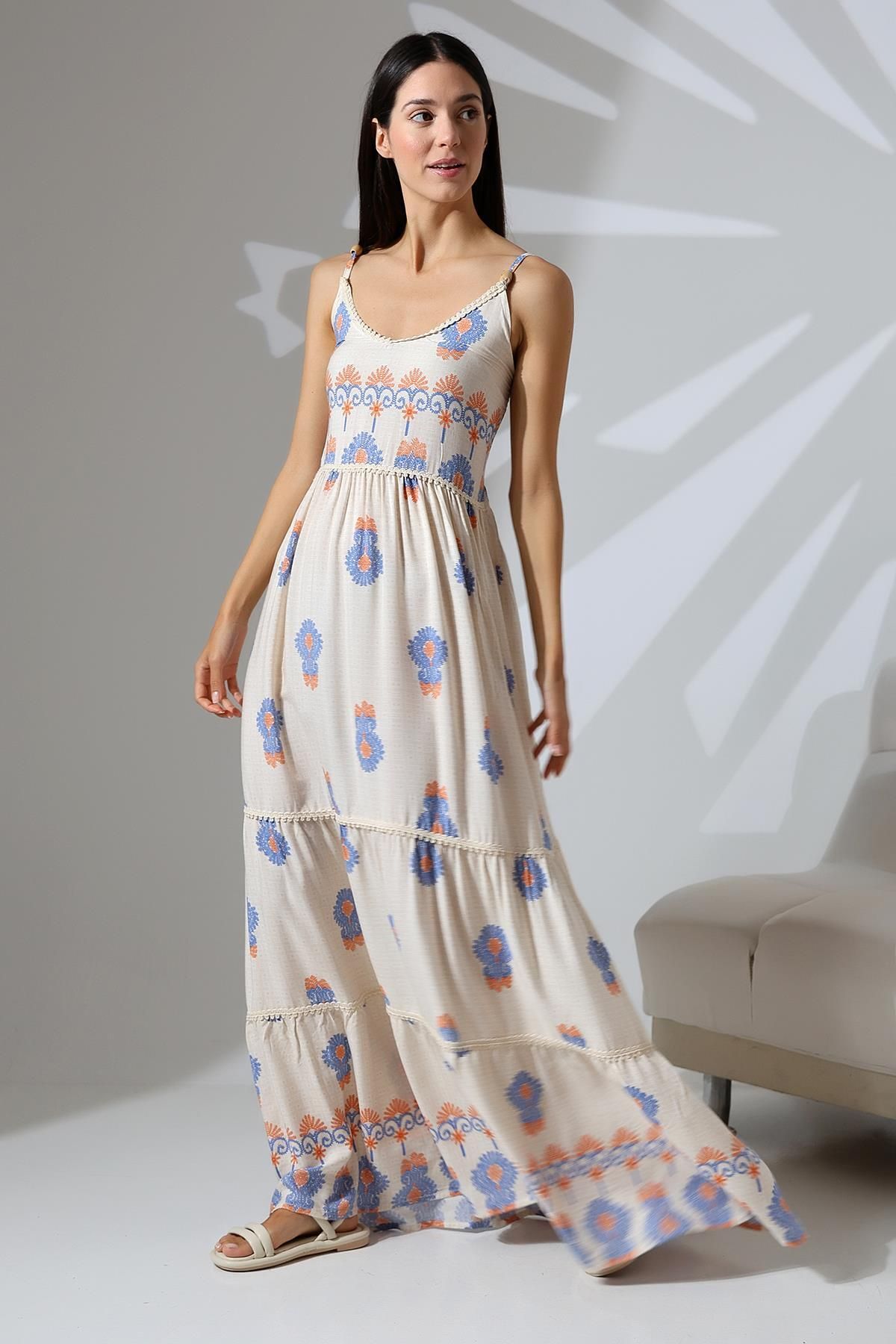 TENA-Blue Viscose Long Dress - Strappy and Watery Pattern 1