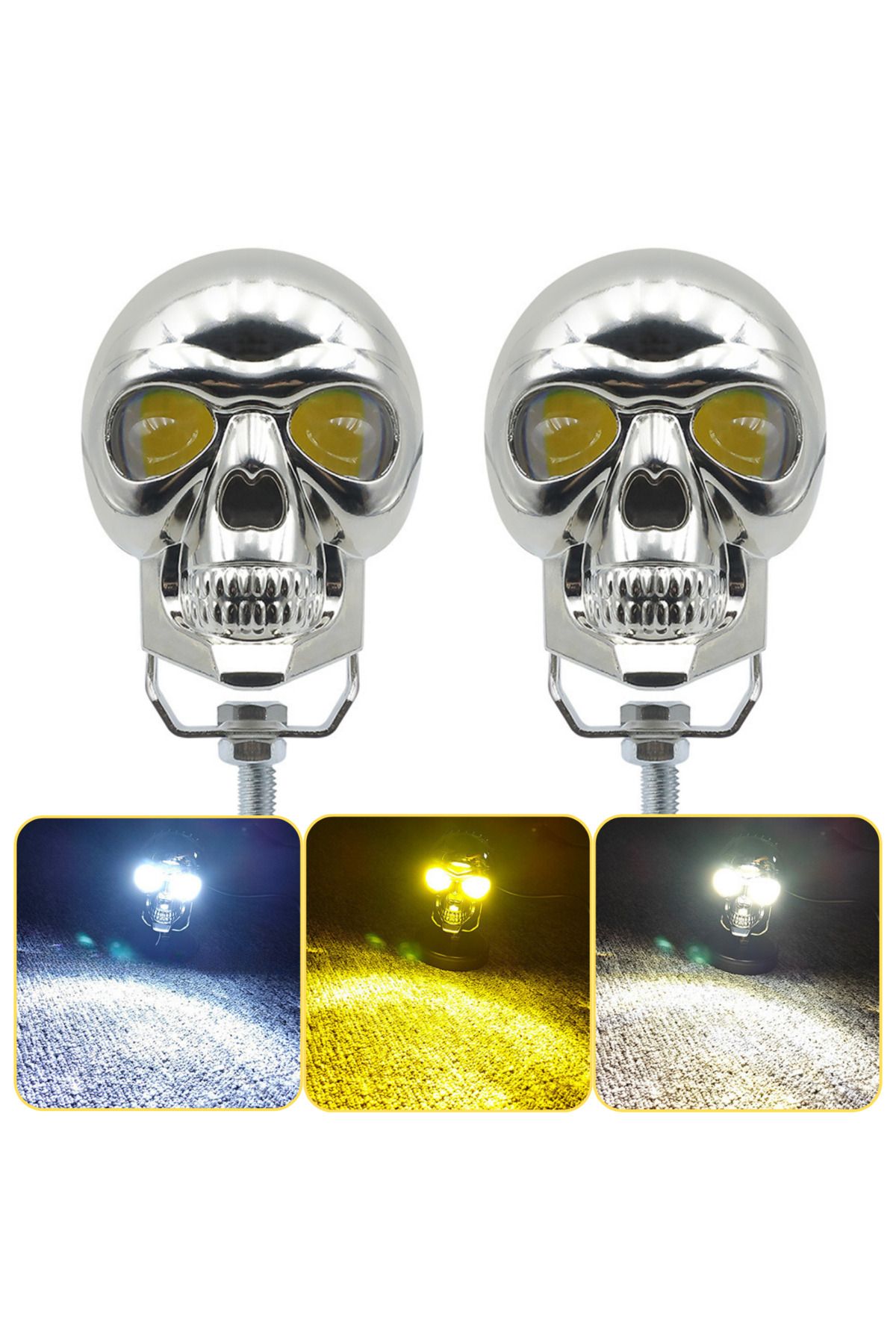 DEKOHOP LED Motosiklet Aydınlatma Sis Lambası Skull Tasarımlı 3 Modlu 12V-24V Yüksek Performanslı Far 2 Adet