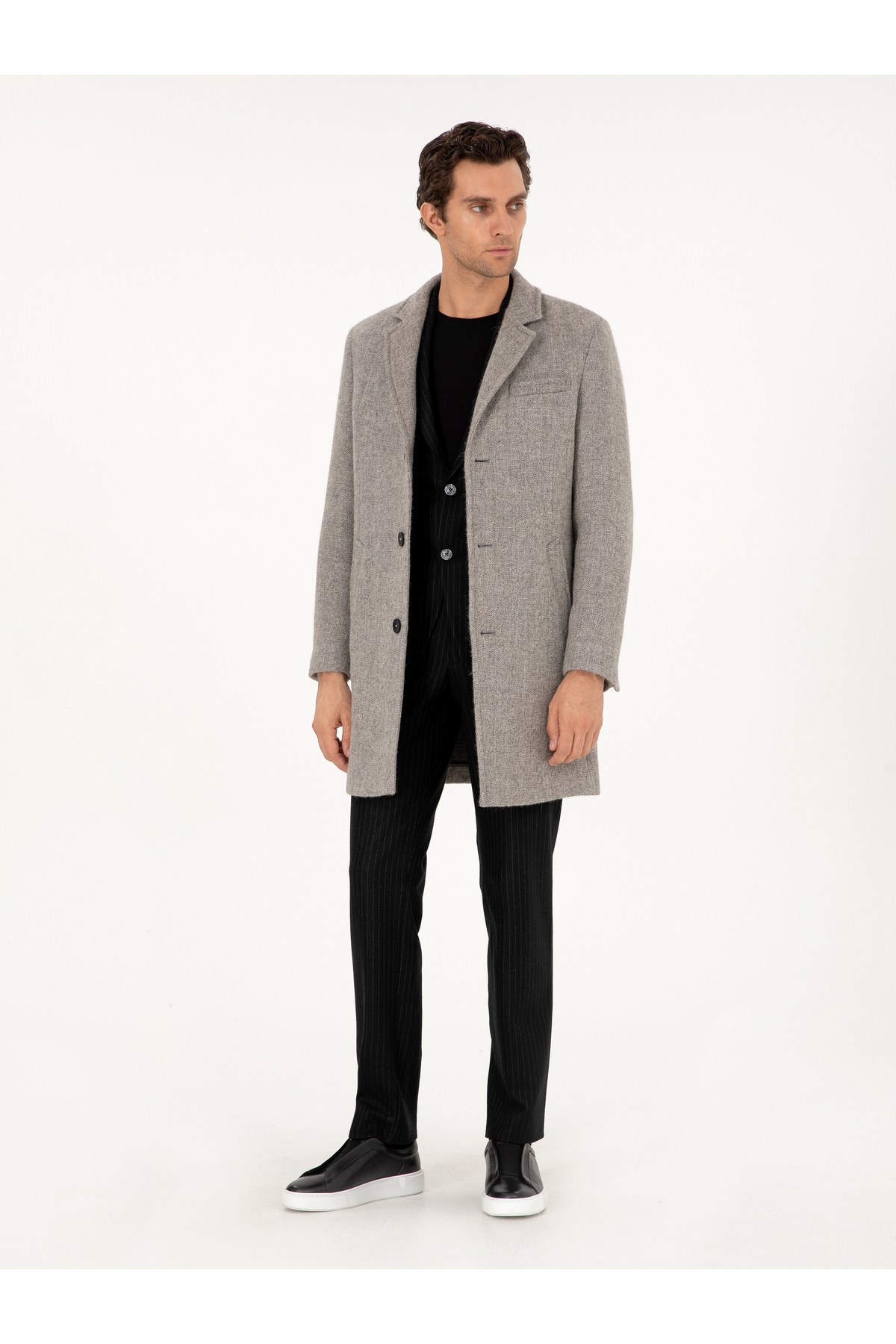 Cacharel Gri Slim Fit Yün Karışımlı Palto 50293729-VR024 görsel 4