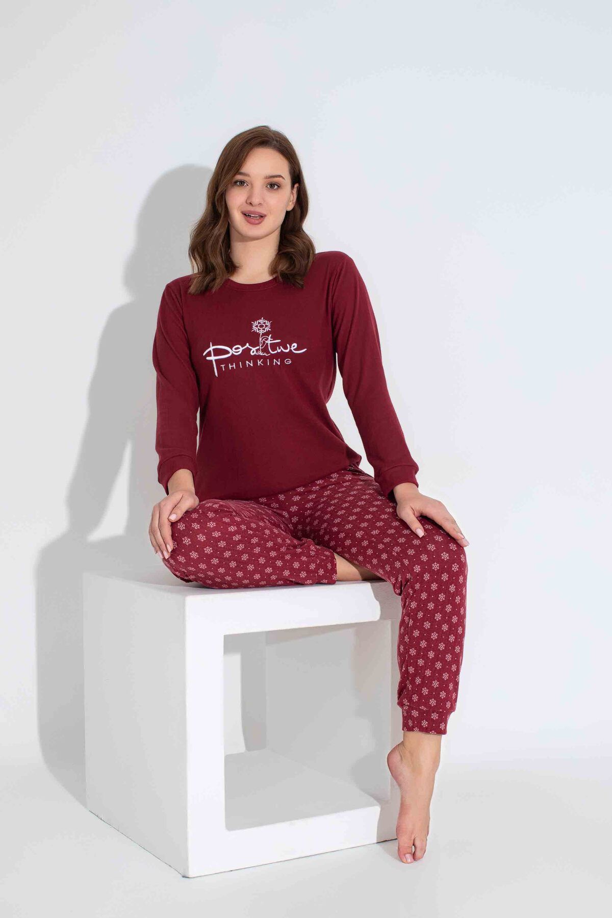 Tarık-Women's Burgundy Snowflake Pattern Mother Girl Combination Thermal Winter Warm Soft Pajamas Set 2