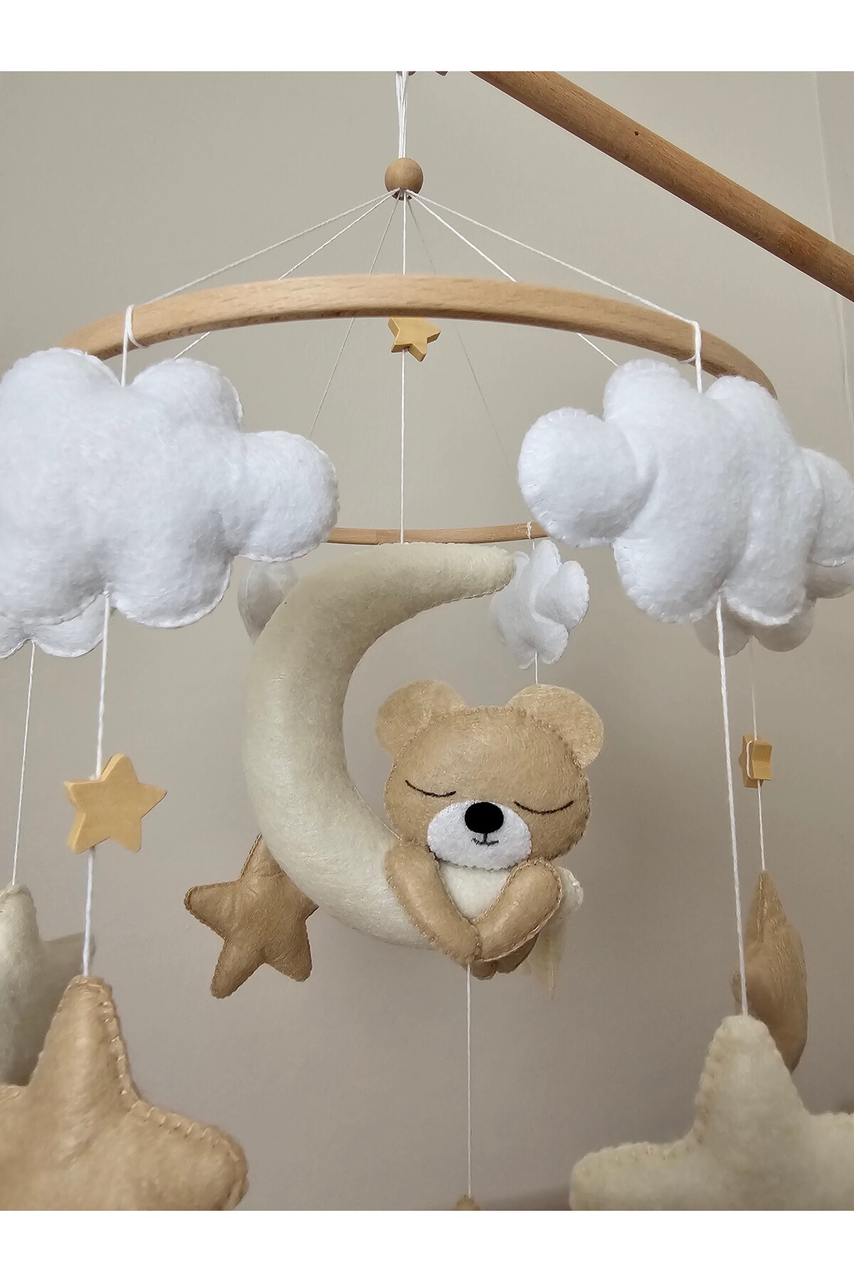 hobiimobiii Dönence (MÜZİKLİ) Bebek Beşik Süsü Keçe Dönence Aydedeli Ayıcık fotoğrafı 2 (önizleme)