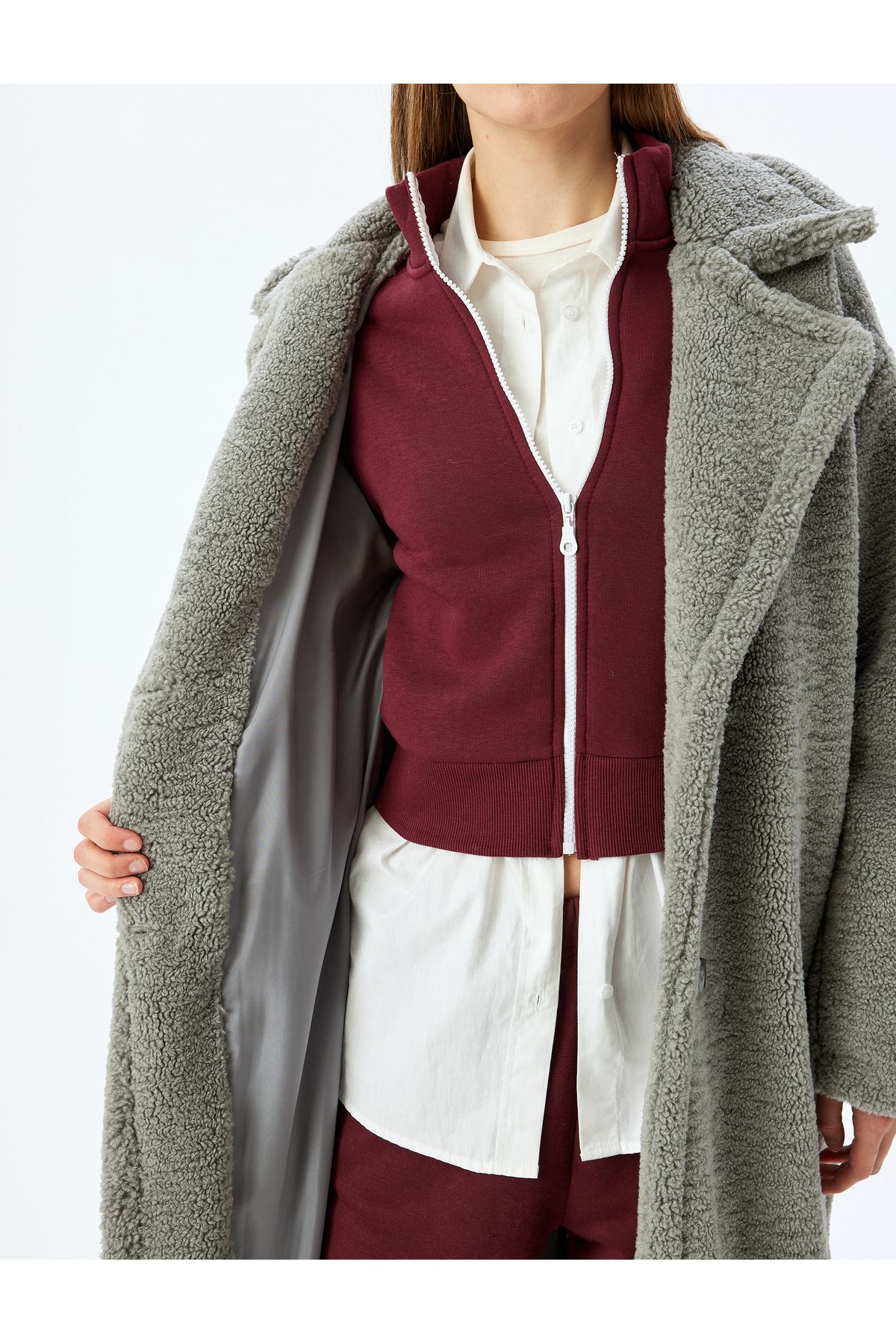 Koton-Buttoned Lined Long Plush Coat with Pocket Detail 6