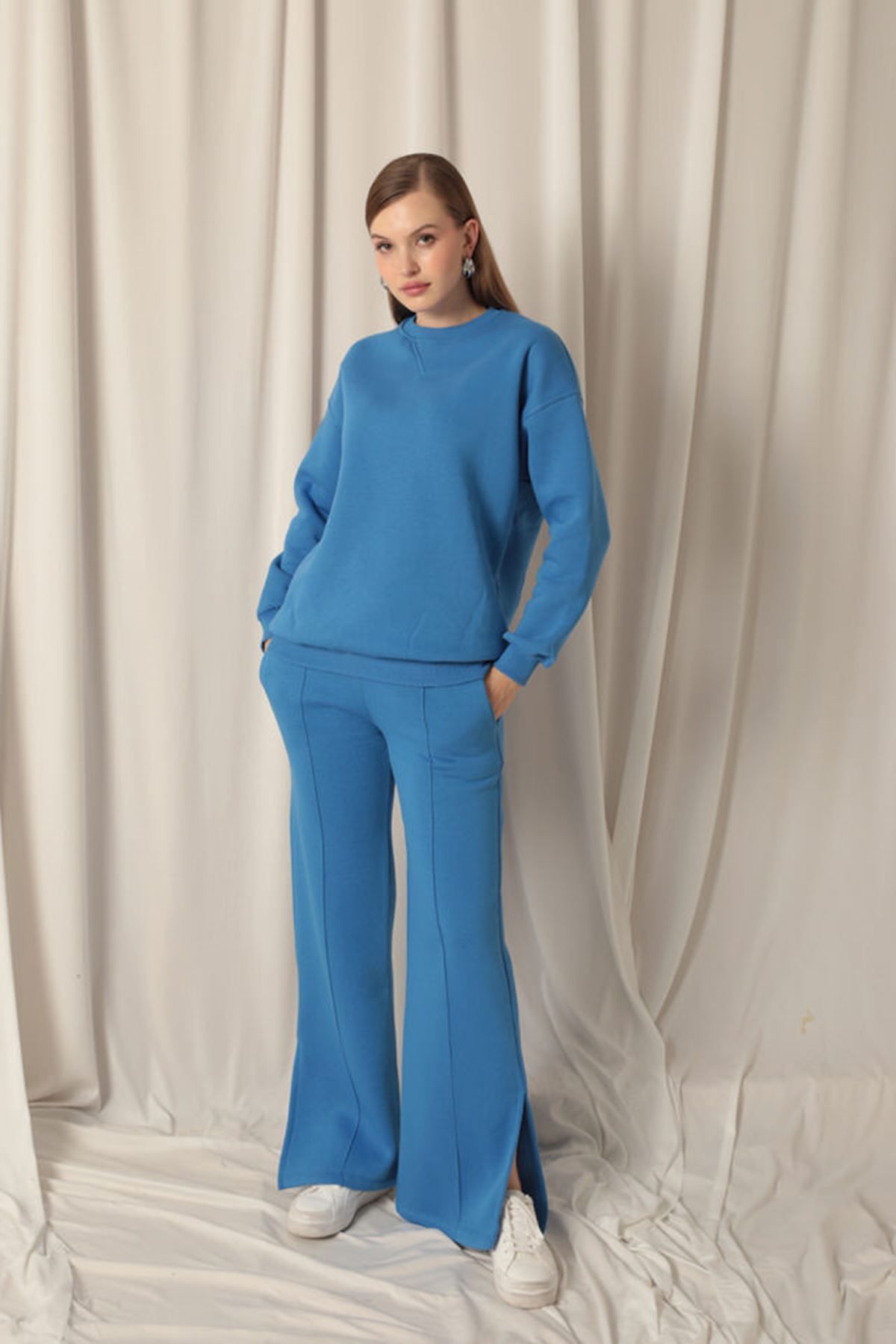 MODA-Three Thread Piping Grassy Slit Wide Leg Women's Blue Tracksuit 2