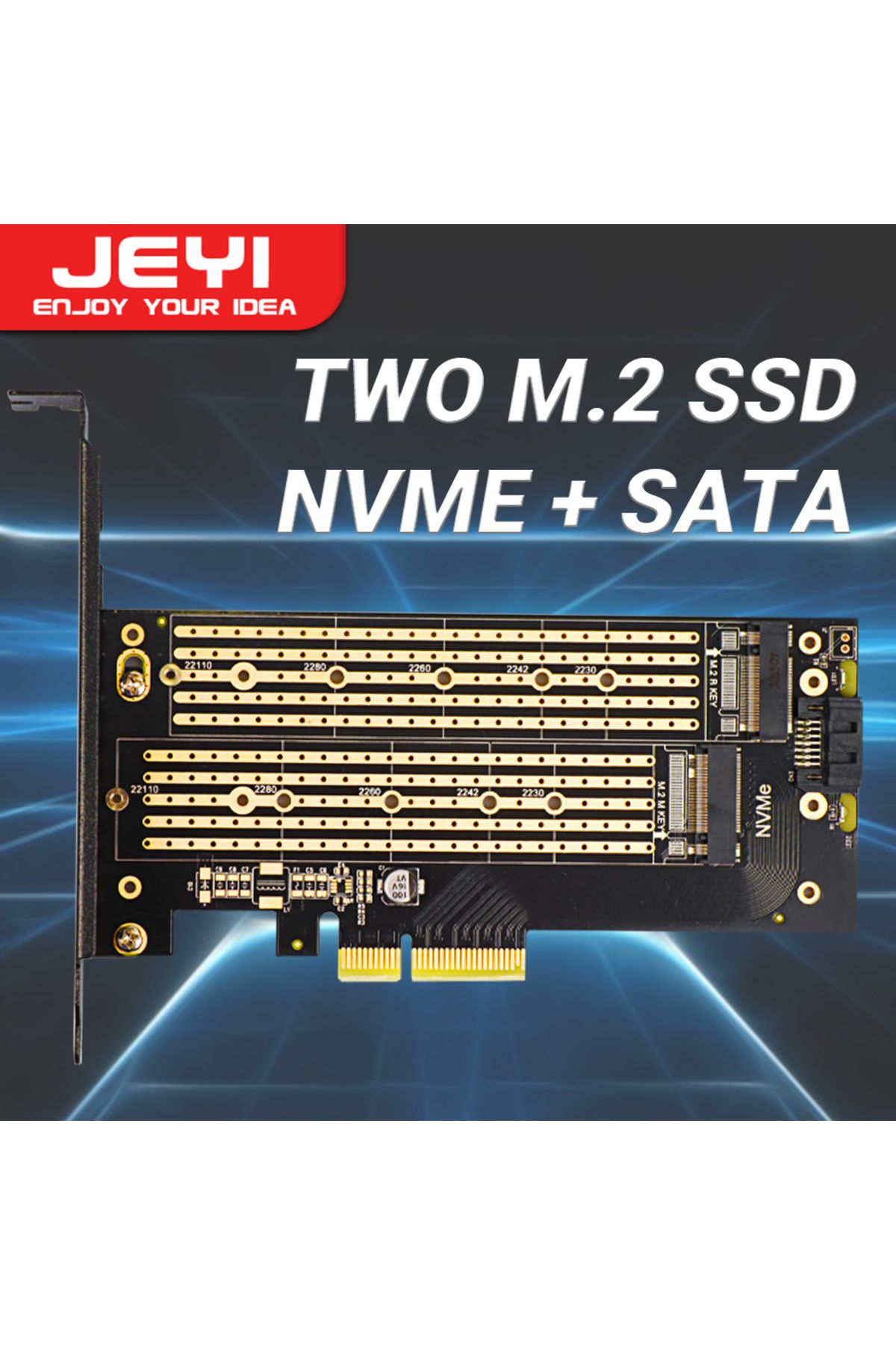 JEYI-SK9 M.2 Dual PCIE 4.0 Adapter for NVMe / NGFF SSD With Turbo Fan, NVME (m Key) and SATA (b K... 1