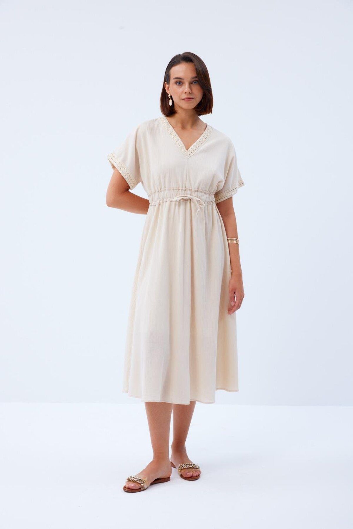 Tuba Butik-Beige Midi Dress - Linen Look, V-Neck 4