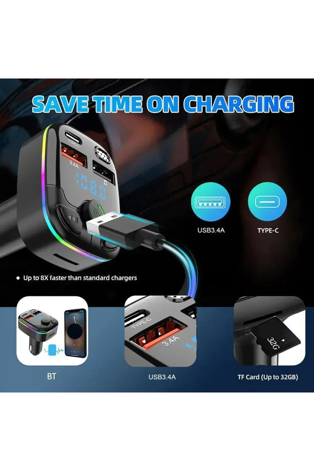 Opansten-Car Bluetooth 5.0 Fm Transmitter Wireless Adapter Mic Audio Receiver Auto Mp3 Player 2.1a Dual Us... 2