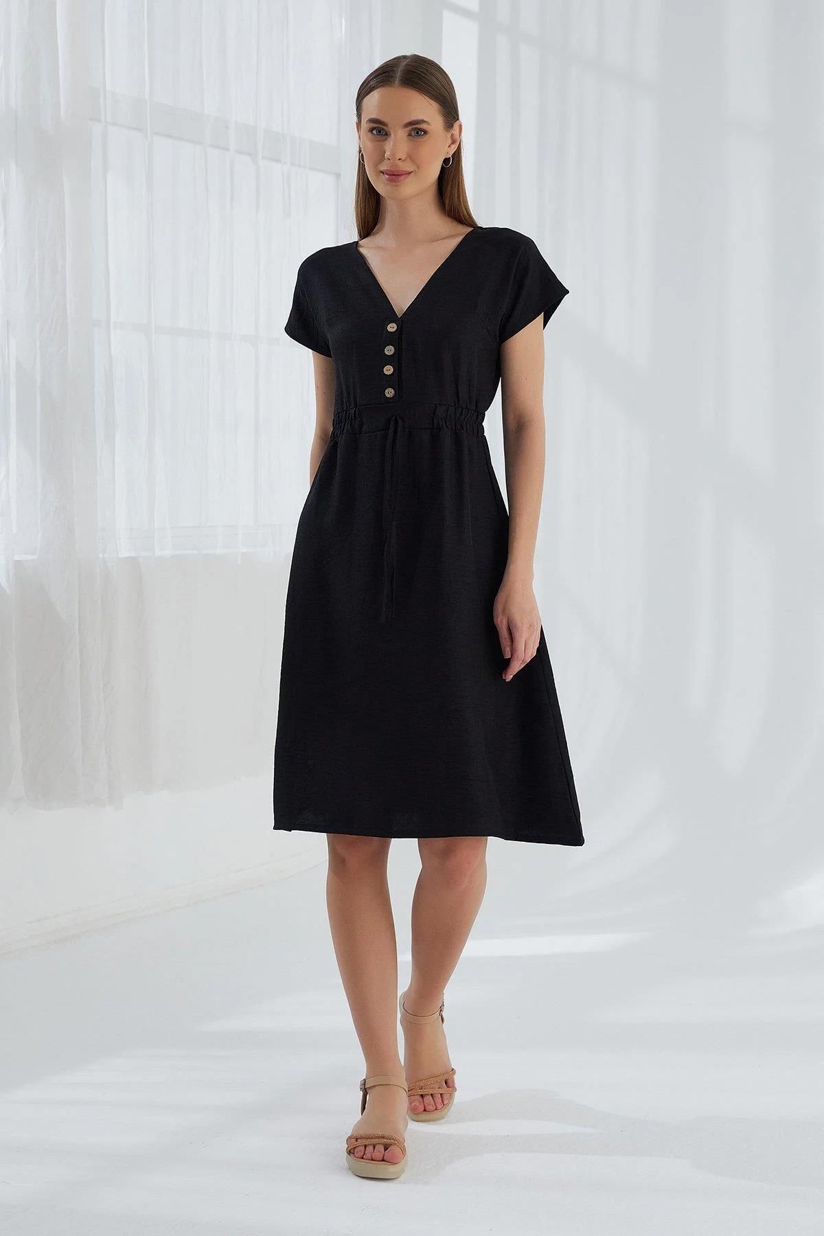 TENA-Black V-Neck Midi Women's Dress - Front and Back Buttoned 1