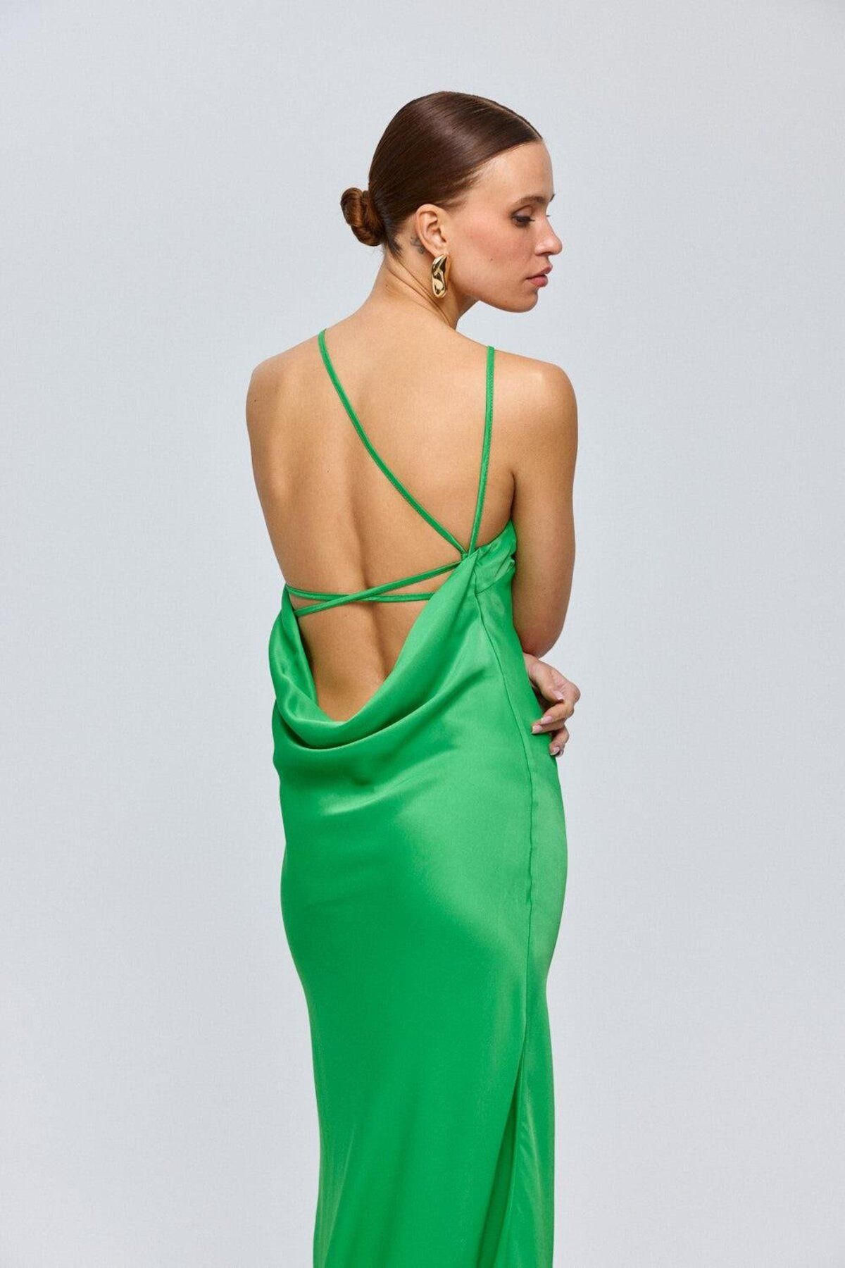 Tuba Butik-Halter Neck Satin Green Long Dress 6