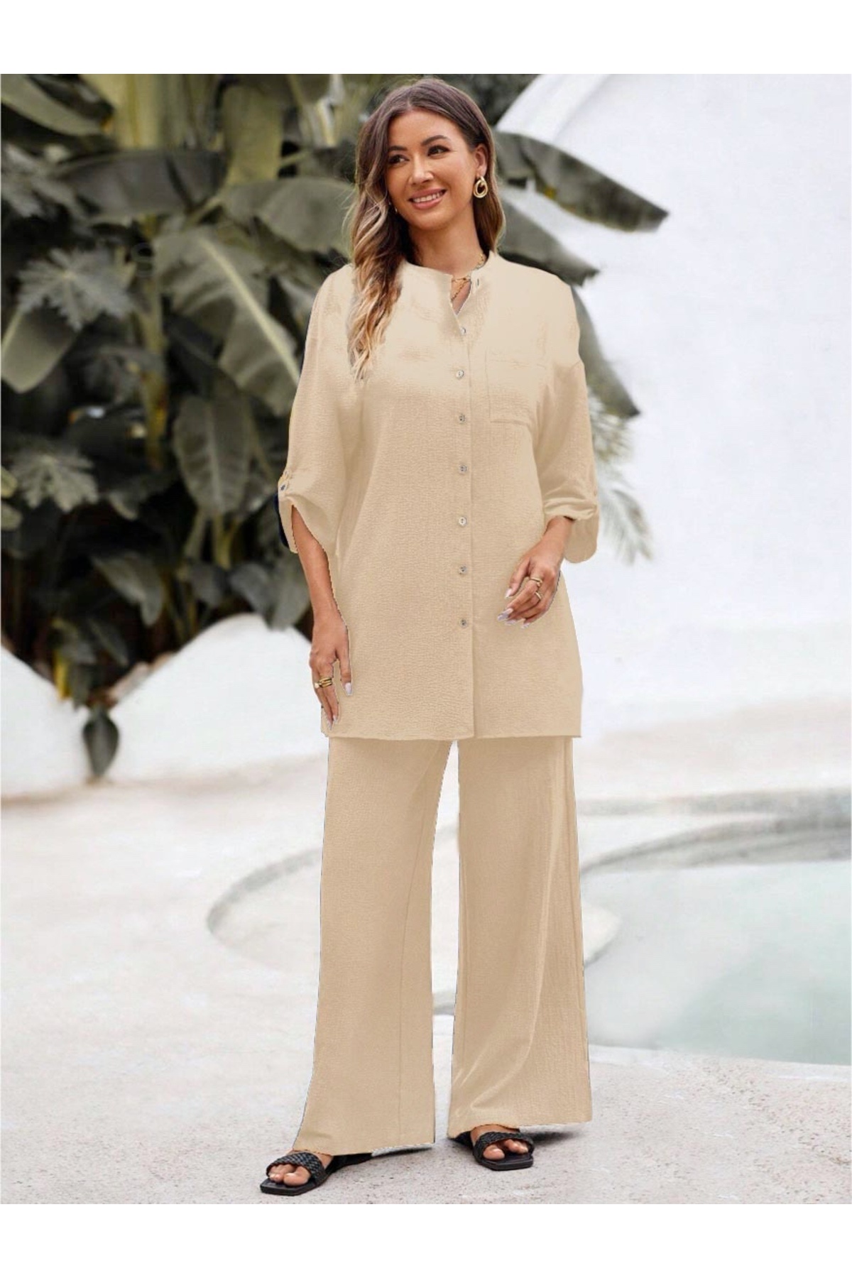Know-Women's Beige Cufflinks Detail Crinkle Top and Bottom Set 1