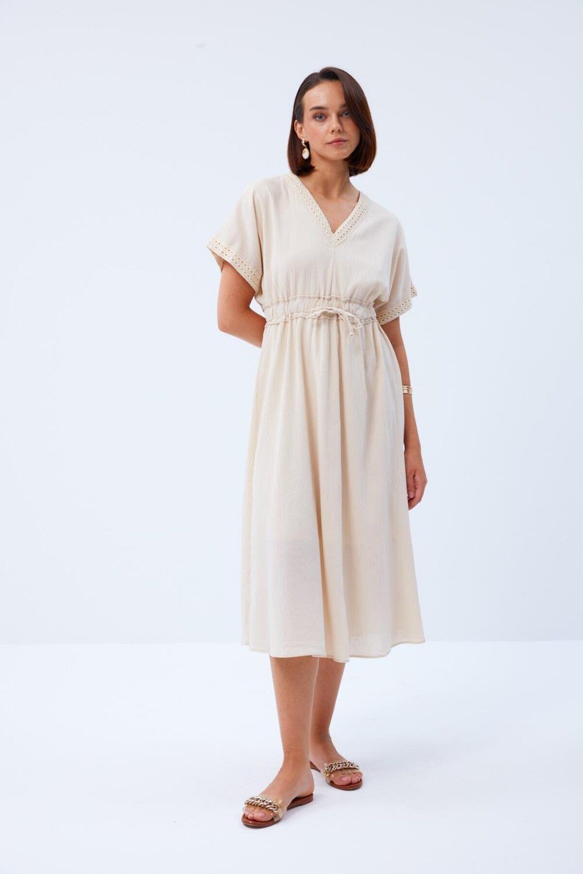 Tuba Butik-Beige Midi Dress - Linen Look, V-Neck 2