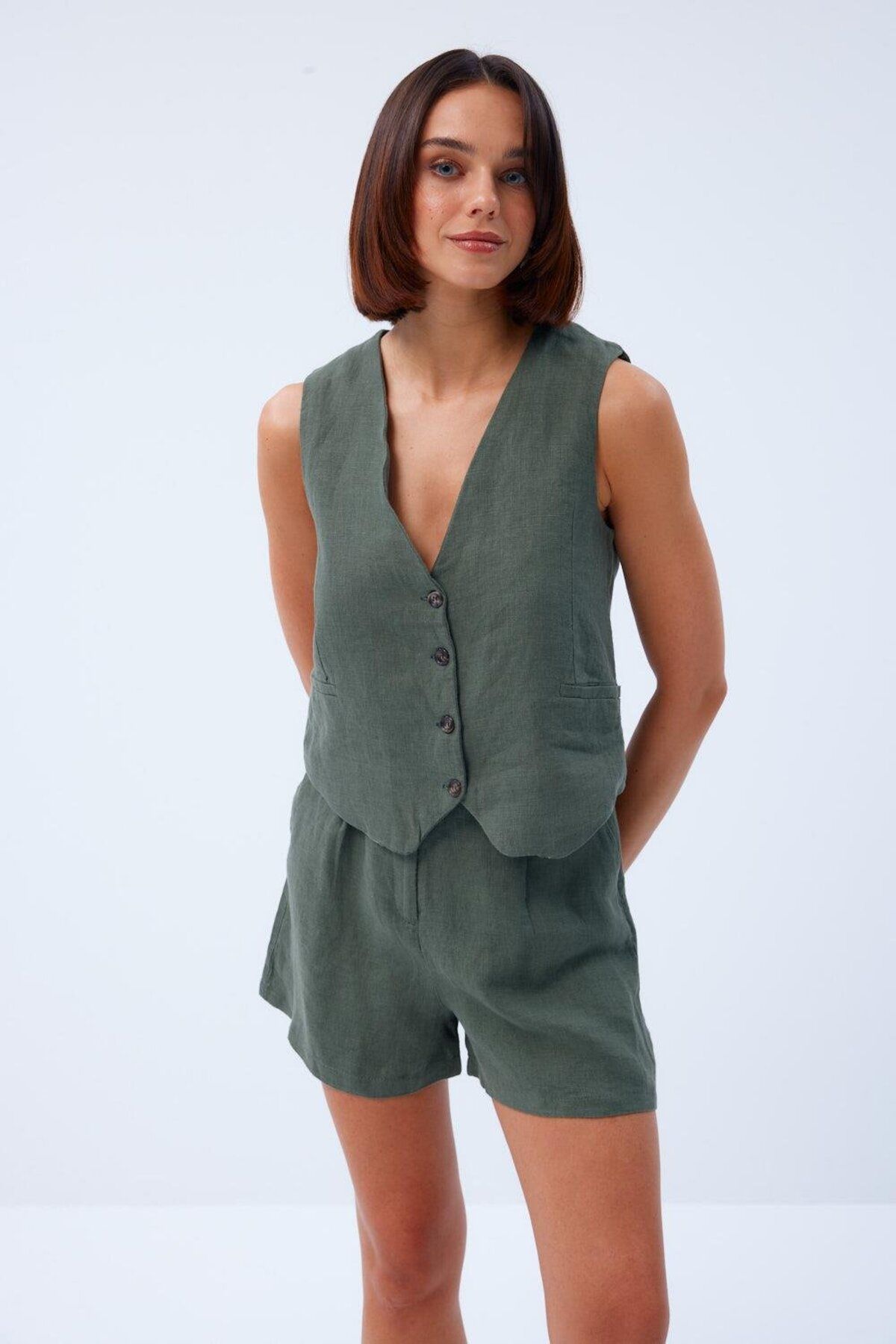 Tuba Butik-Women's Khaki Vest - Linen, Buttoned and V-Neck 1