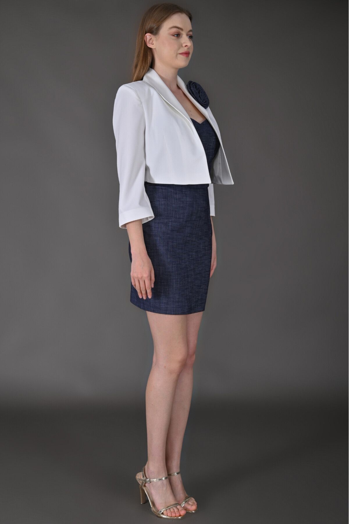 Favori Tekstil-Accessory Detailed Blazer Jacket and Mini Denim Dress Favorite Textile 4